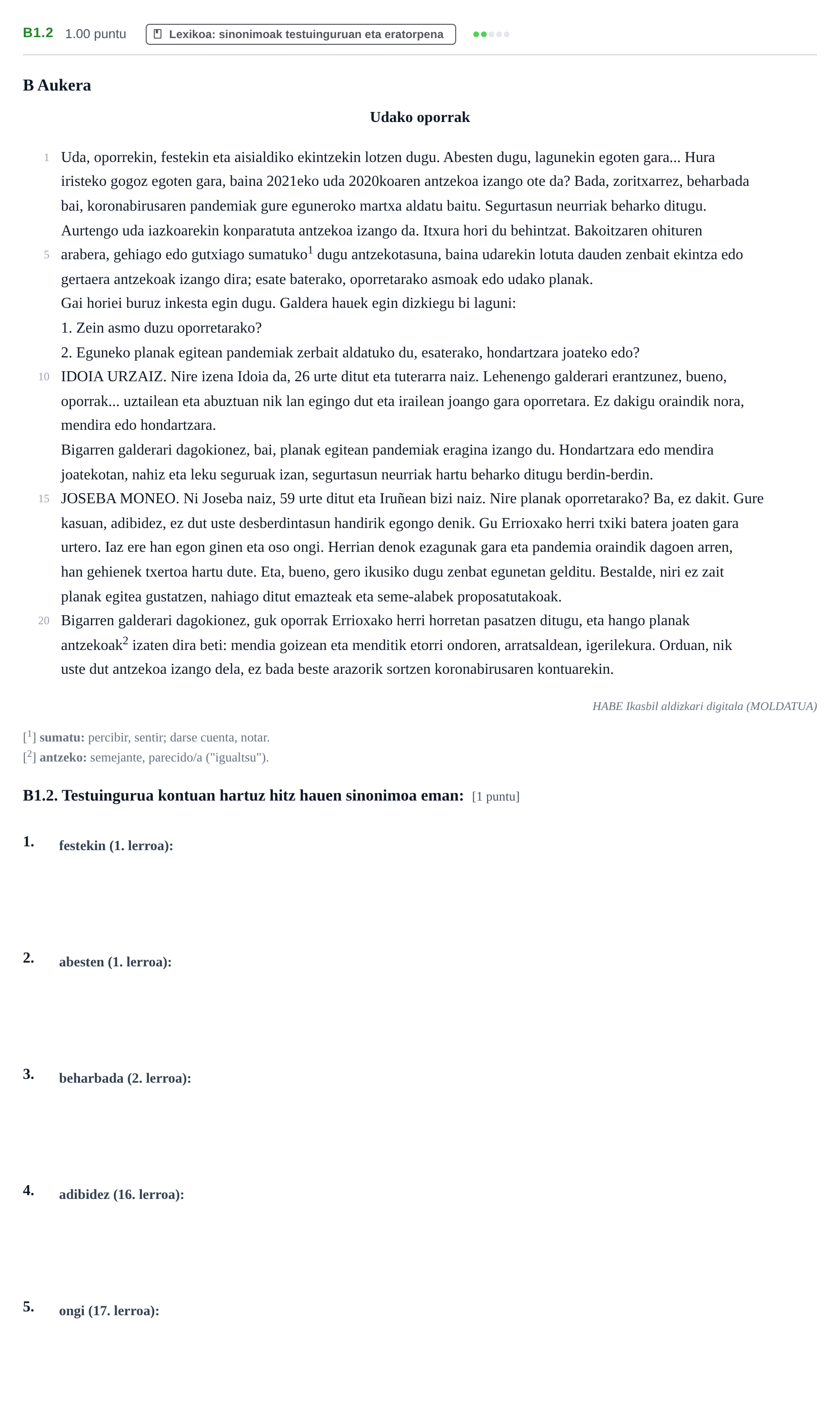 Enunciado: Ejercicio B1.2 · Lengua Vasca y Literatura II PAU Navarra Ordinaria (Modelo A) 2021