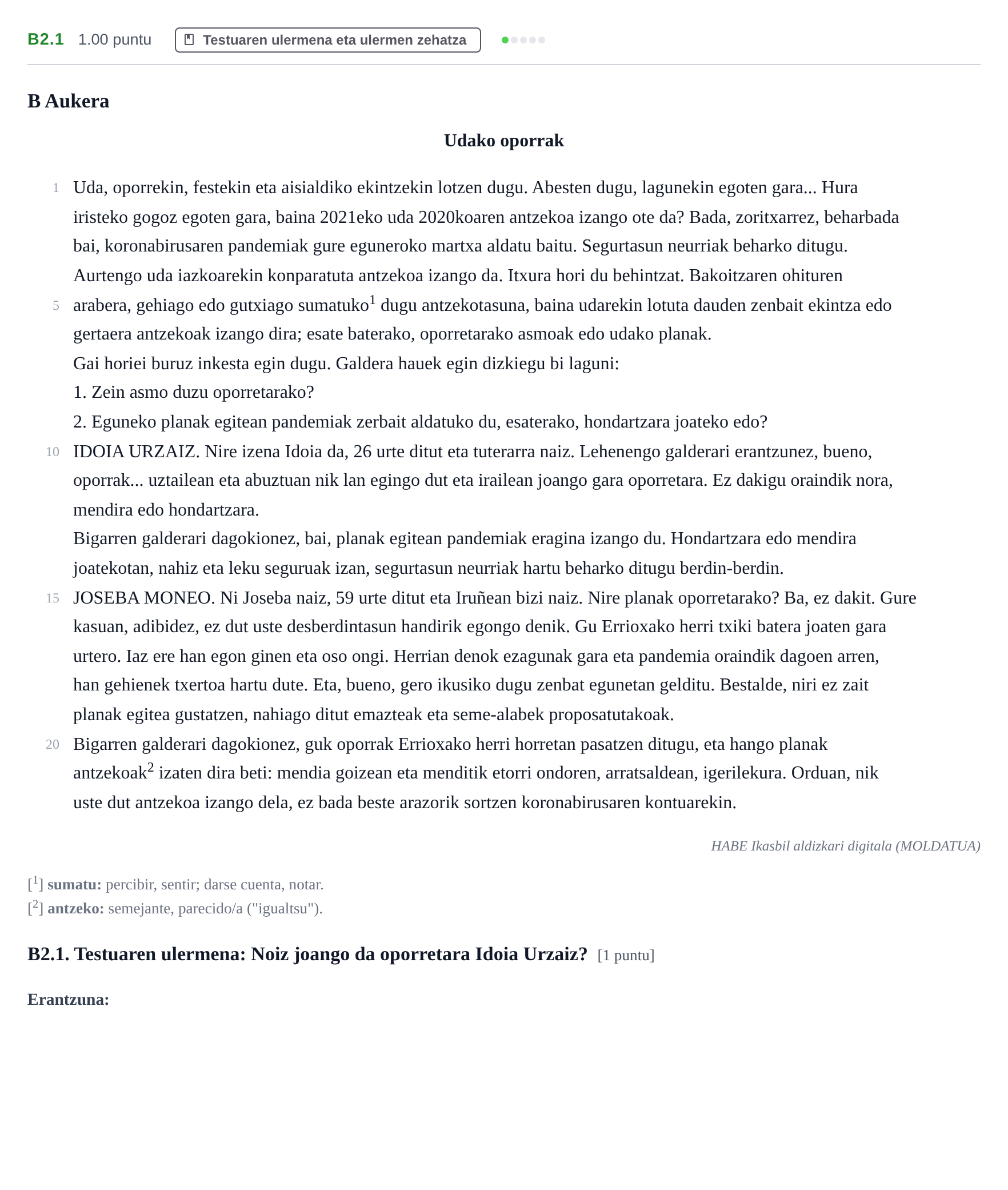 Enunciado: Ejercicio B2.1 · Lengua Vasca y Literatura II PAU Navarra Ordinaria (Modelo A) 2021