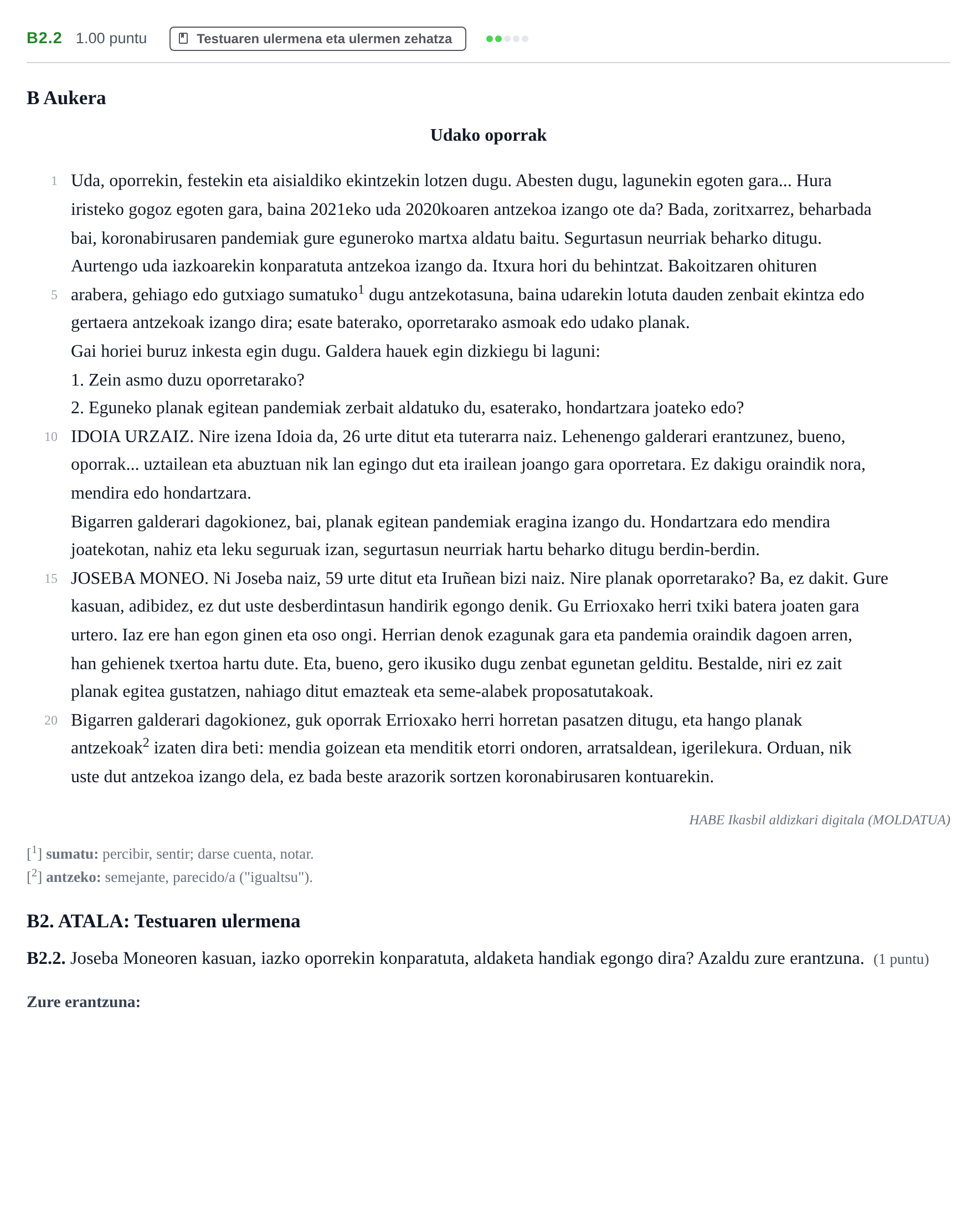 Enunciado: Ejercicio B2.2 · Lengua Vasca y Literatura II PAU Navarra Ordinaria (Modelo A) 2021