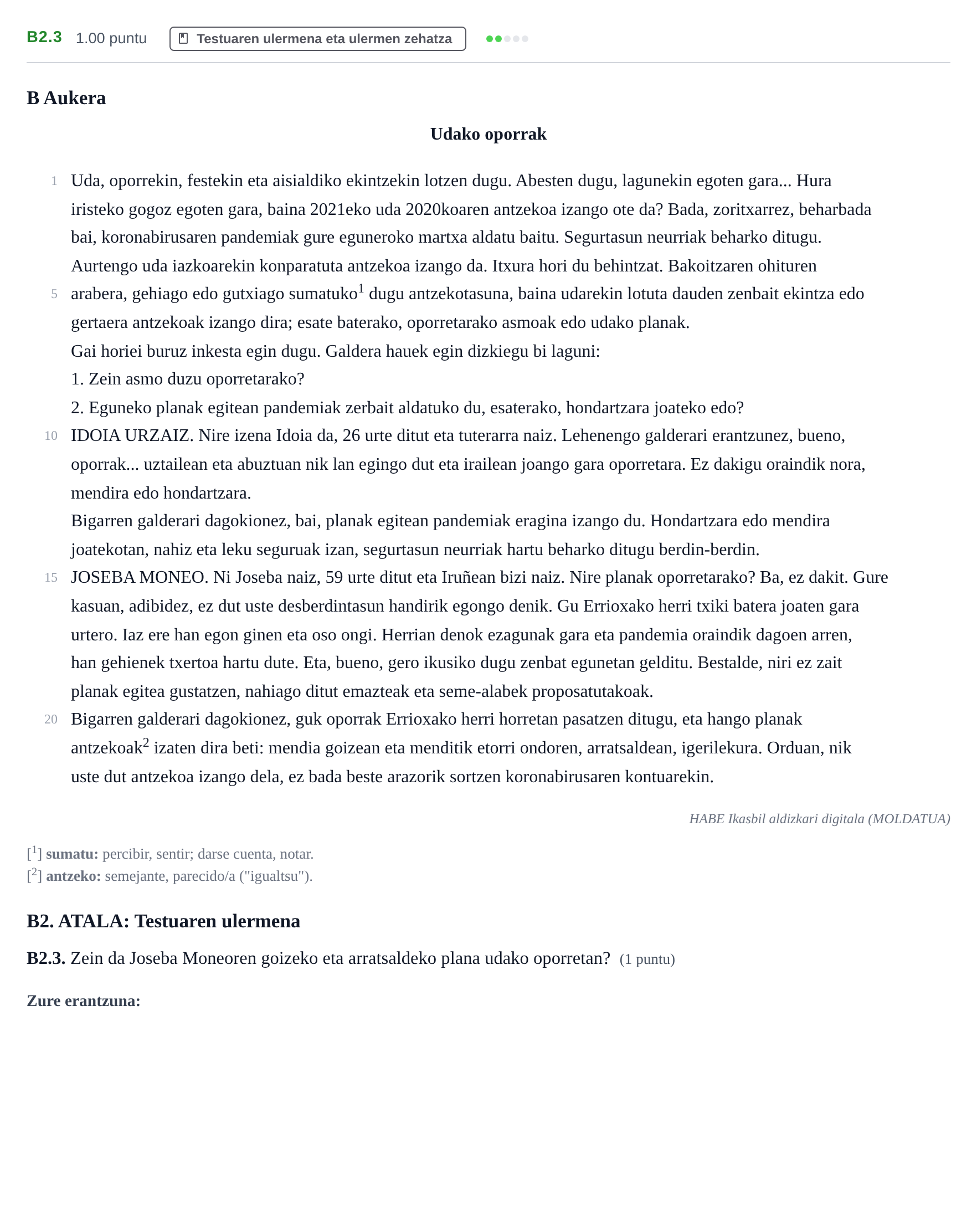 Enunciado: Ejercicio B2.3 · Lengua Vasca y Literatura II PAU Navarra Ordinaria (Modelo A) 2021