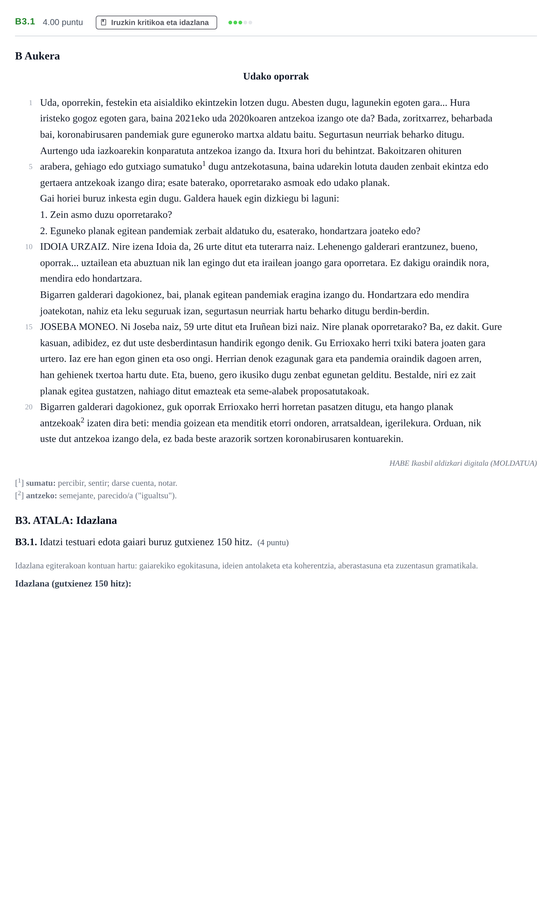 Enunciado: Ejercicio B3.1 · Lengua Vasca y Literatura II PAU Navarra Ordinaria (Modelo A) 2021