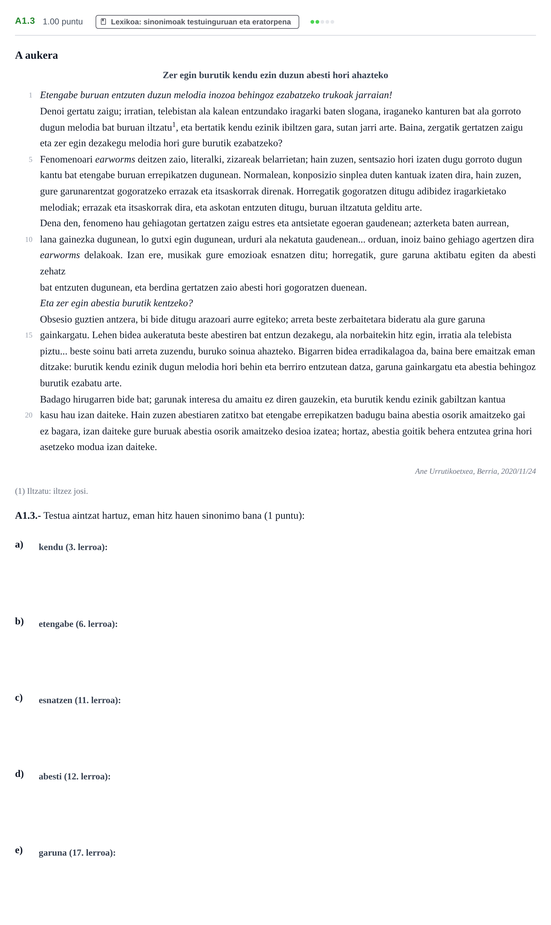 Enunciado: Ejercicio A1.3 · Lengua Vasca y Literatura II PAU Navarra Ordinaria (Modelo D) 2021