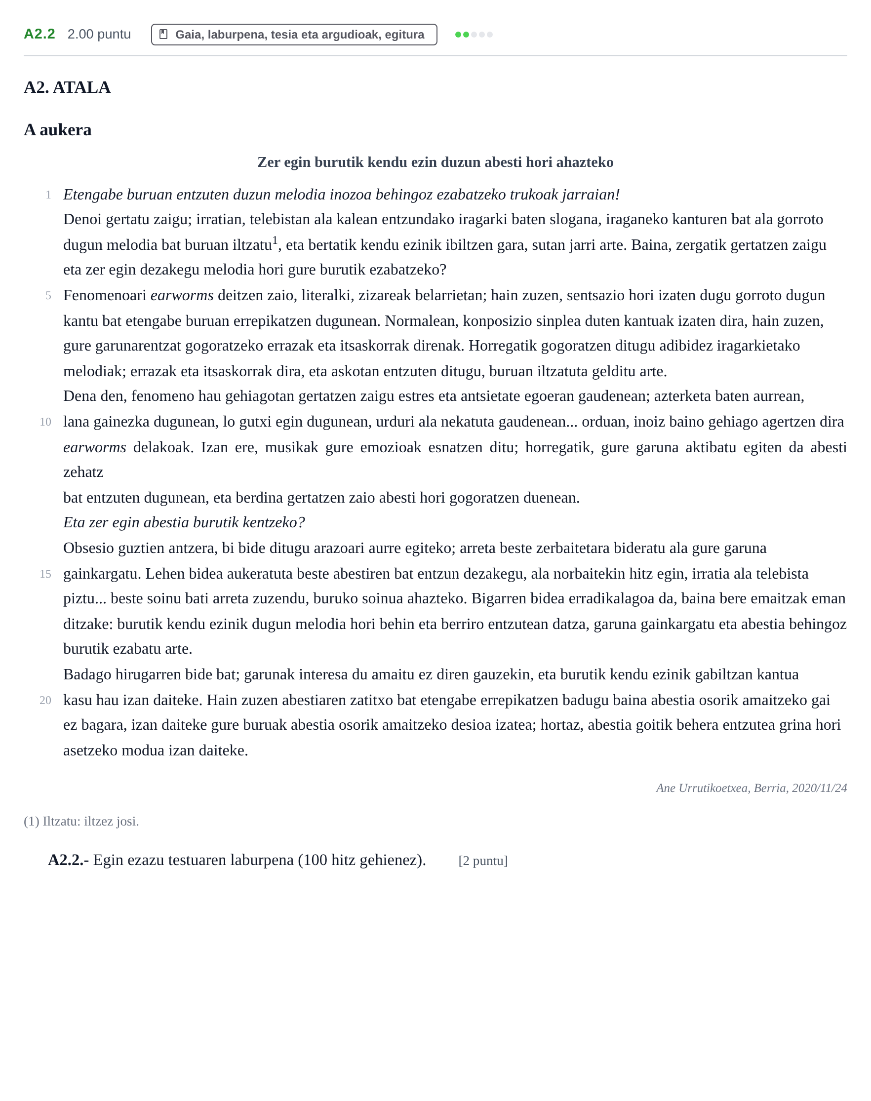 Enunciado: Ejercicio A2.2 · Lengua Vasca y Literatura II PAU Navarra Ordinaria (Modelo D) 2021