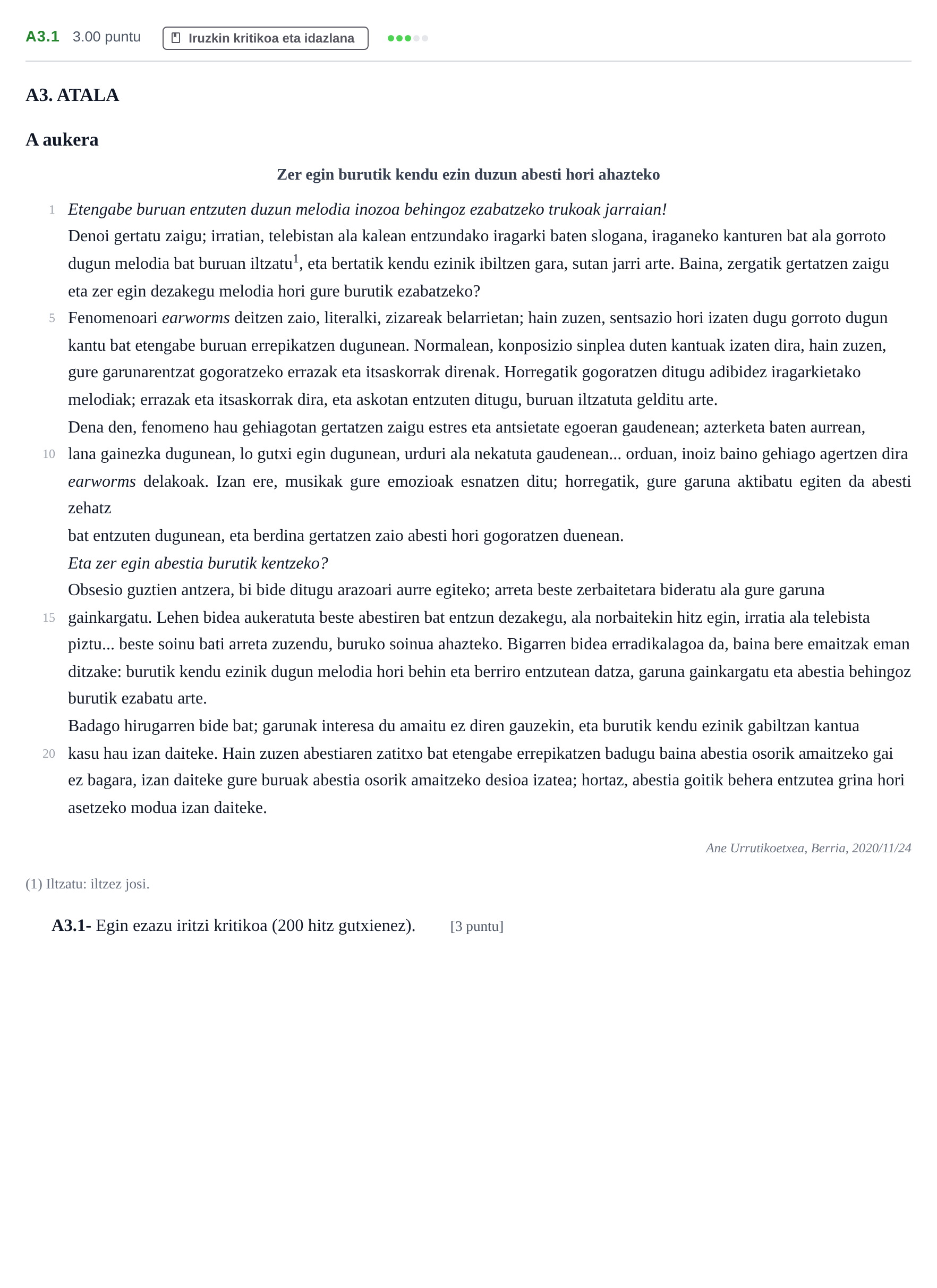 Enunciado: Ejercicio A3.1 · Lengua Vasca y Literatura II PAU Navarra Ordinaria (Modelo D) 2021