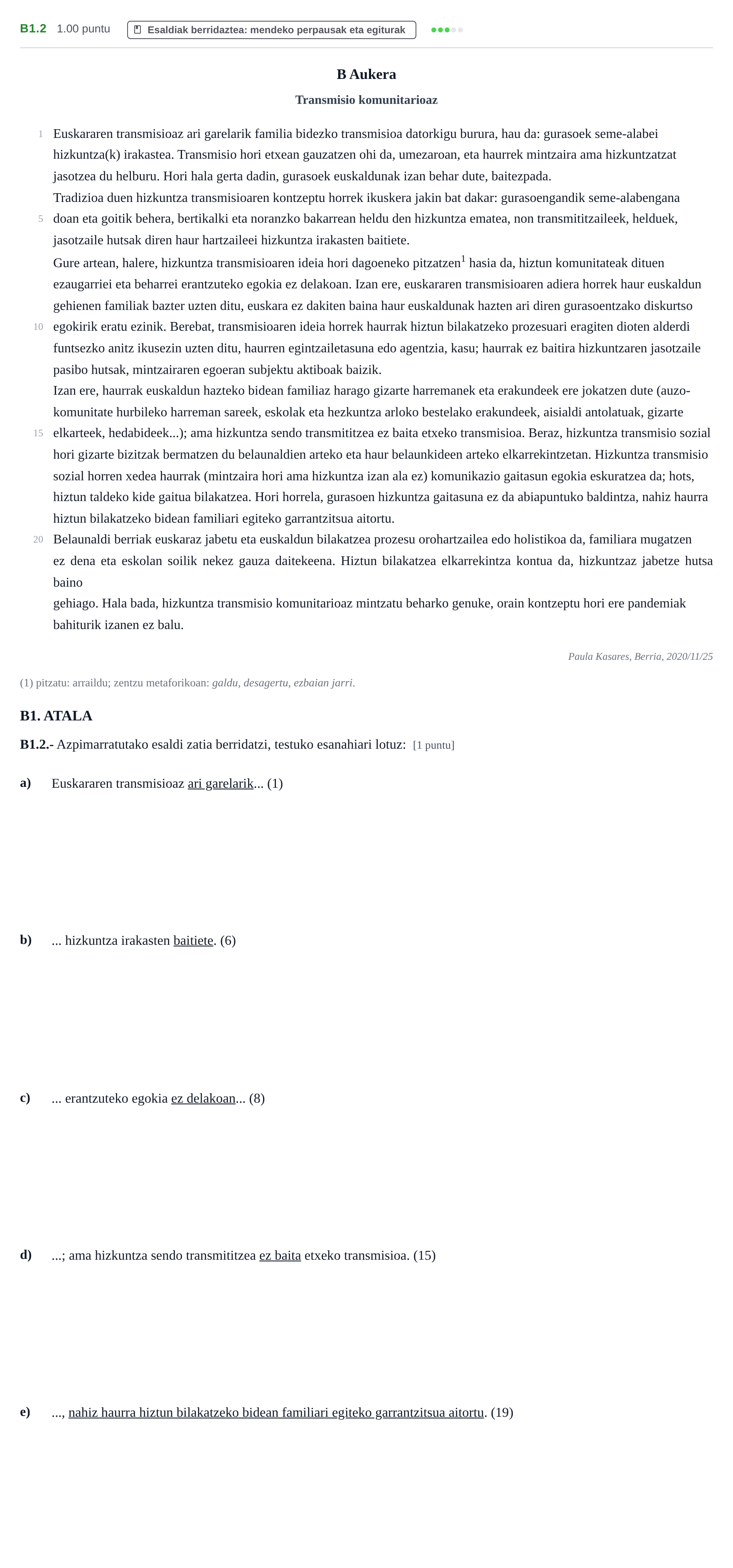 Enunciado: Ejercicio B1.2 · Lengua Vasca y Literatura II PAU Navarra Ordinaria (Modelo D) 2021