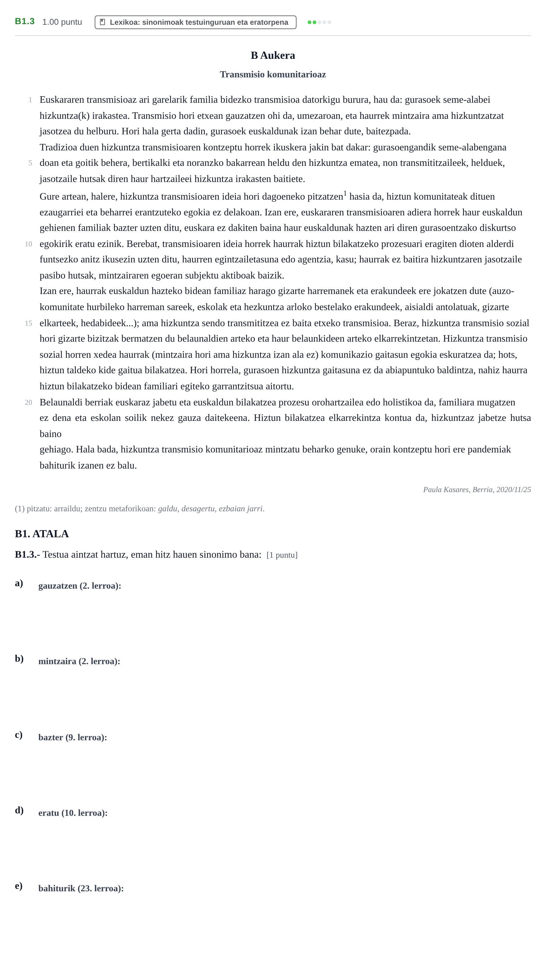 Enunciado: Ejercicio B1.3 · Lengua Vasca y Literatura II PAU Navarra Ordinaria (Modelo D) 2021
