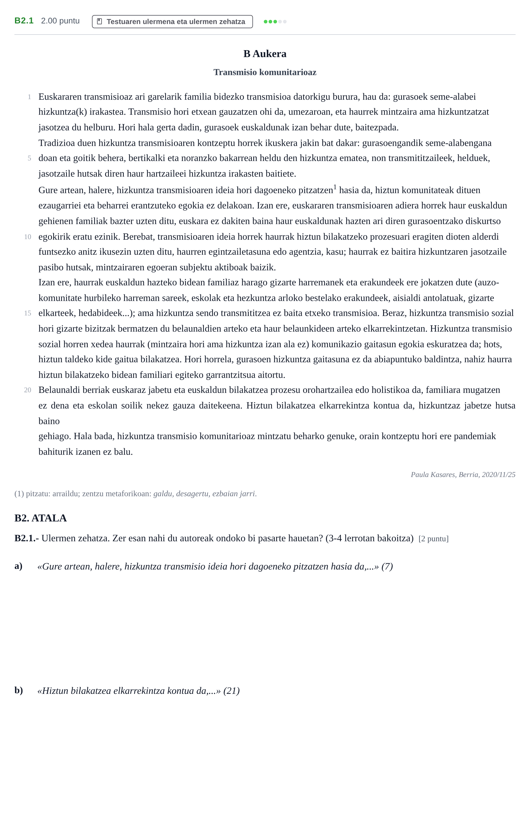 Enunciado: Ejercicio B2.1 · Lengua Vasca y Literatura II PAU Navarra Ordinaria (Modelo D) 2021