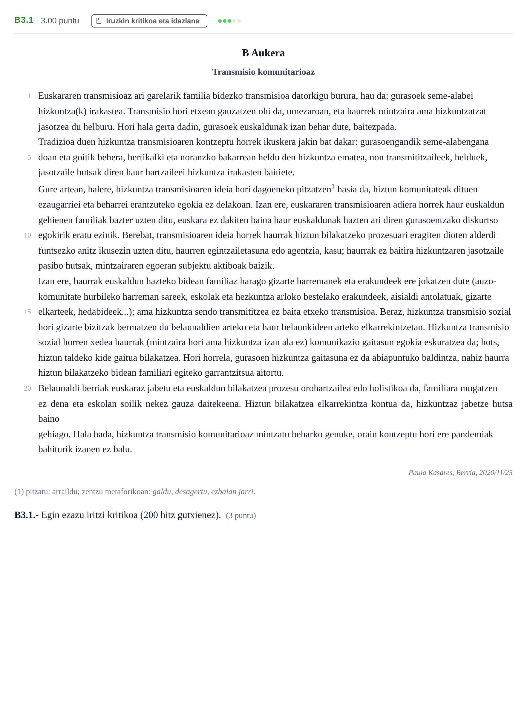 Enunciado: Ejercicio B3.1 · Lengua Vasca y Literatura II PAU Navarra Ordinaria (Modelo D) 2021