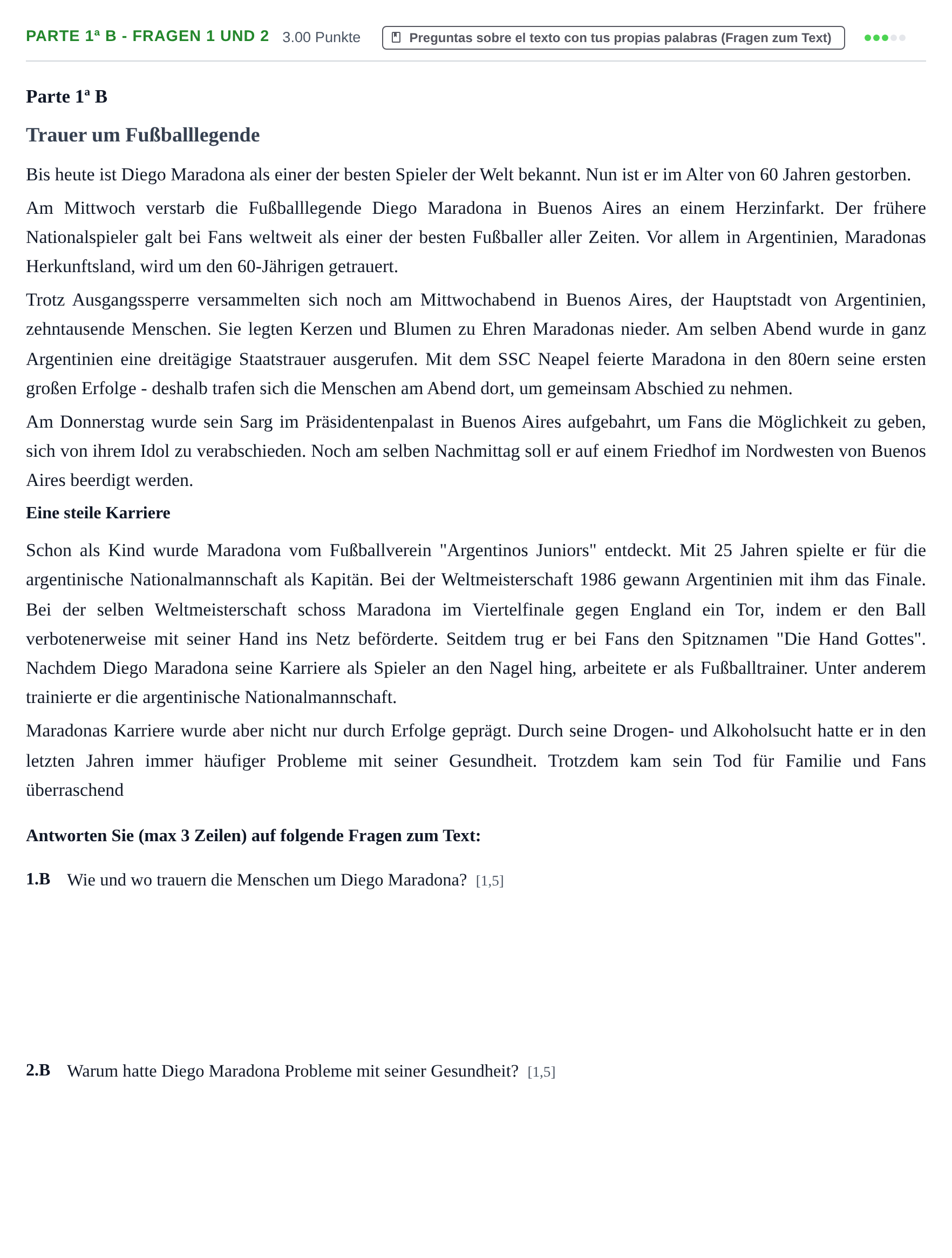 Enunciado: Ejercicio Parte 1ª B - Fragen 1 und 2 · Alemán PAU Navarra Extraordinaria 2021
