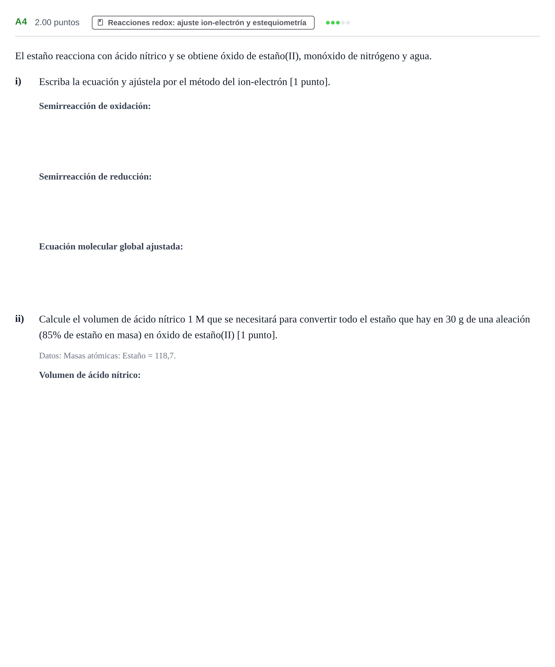 Enunciado: Ejercicio A4 · Química PAU Navarra Ordinaria 2021
