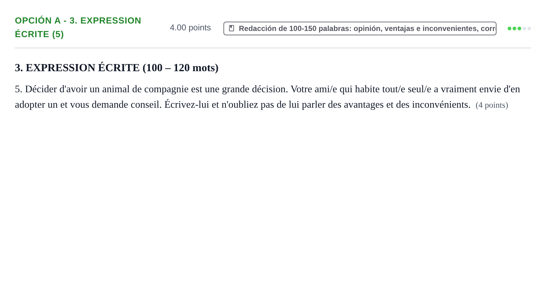 Enunciado: Opción A - 3. Expression écrite (5) · Francés PAU Navarra Extraordinaria 2021