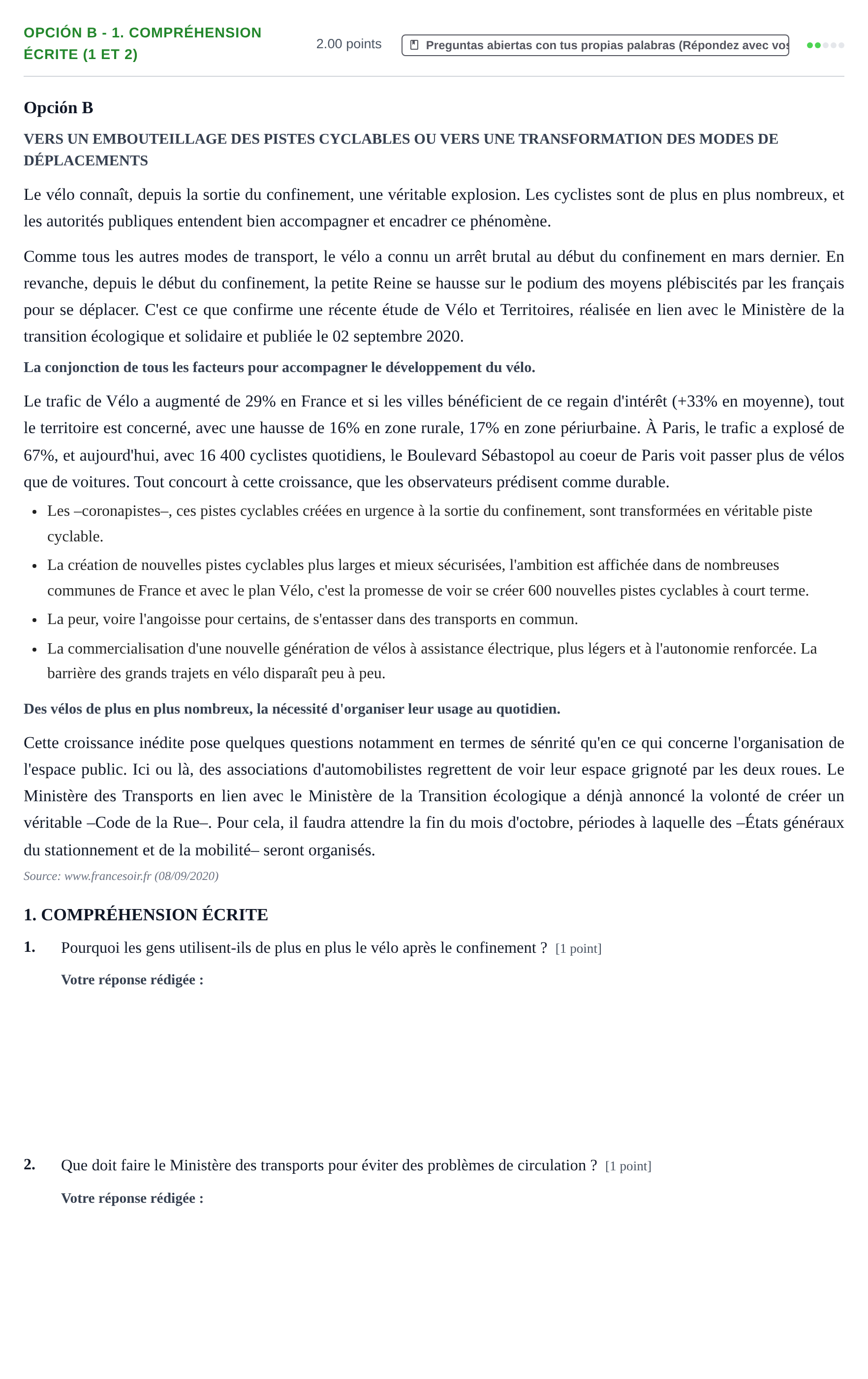 Enunciado: Opción B - 1. Compréhension écrite (1 et 2) · Francés PAU Navarra Extraordinaria 2021