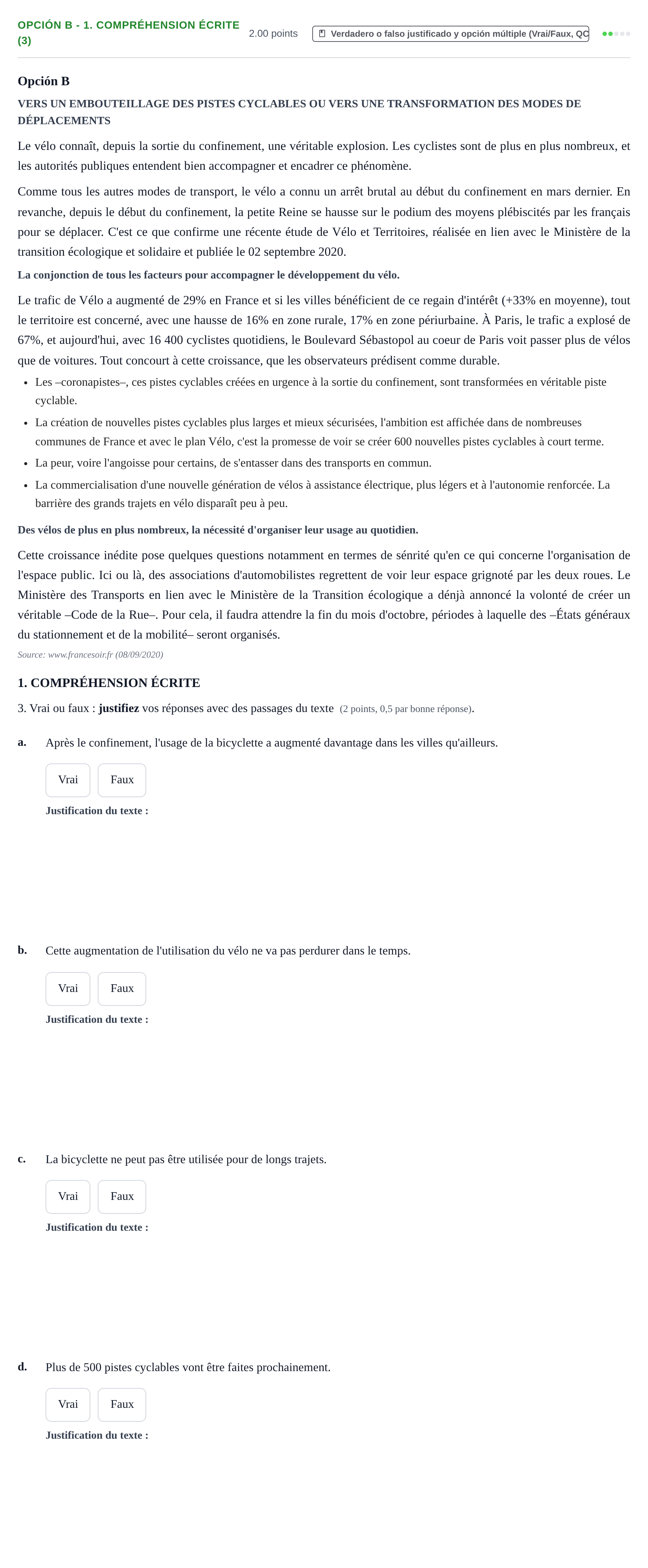 Enunciado: Opción B - 1. Compréhension écrite (3) · Francés PAU Navarra Extraordinaria 2021