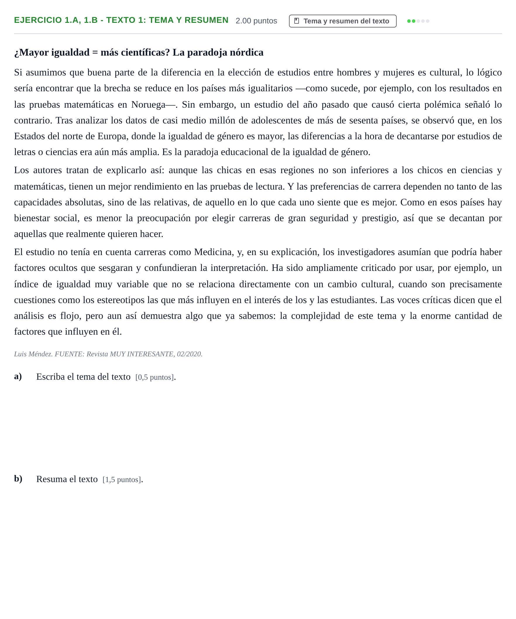 Enunciado: Ejercicio 1.a, 1.b - Texto 1: Tema y resumen · Lengua Castellana y Literatura II PAU Navarra Extraordinaria 2021