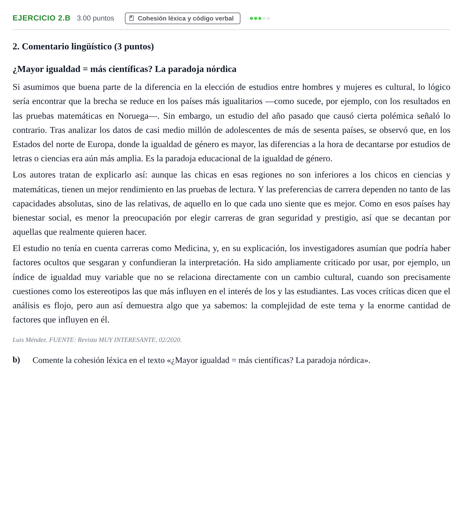 Enunciado: Ejercicio 2.b · Lengua Castellana y Literatura II PAU Navarra Extraordinaria 2021