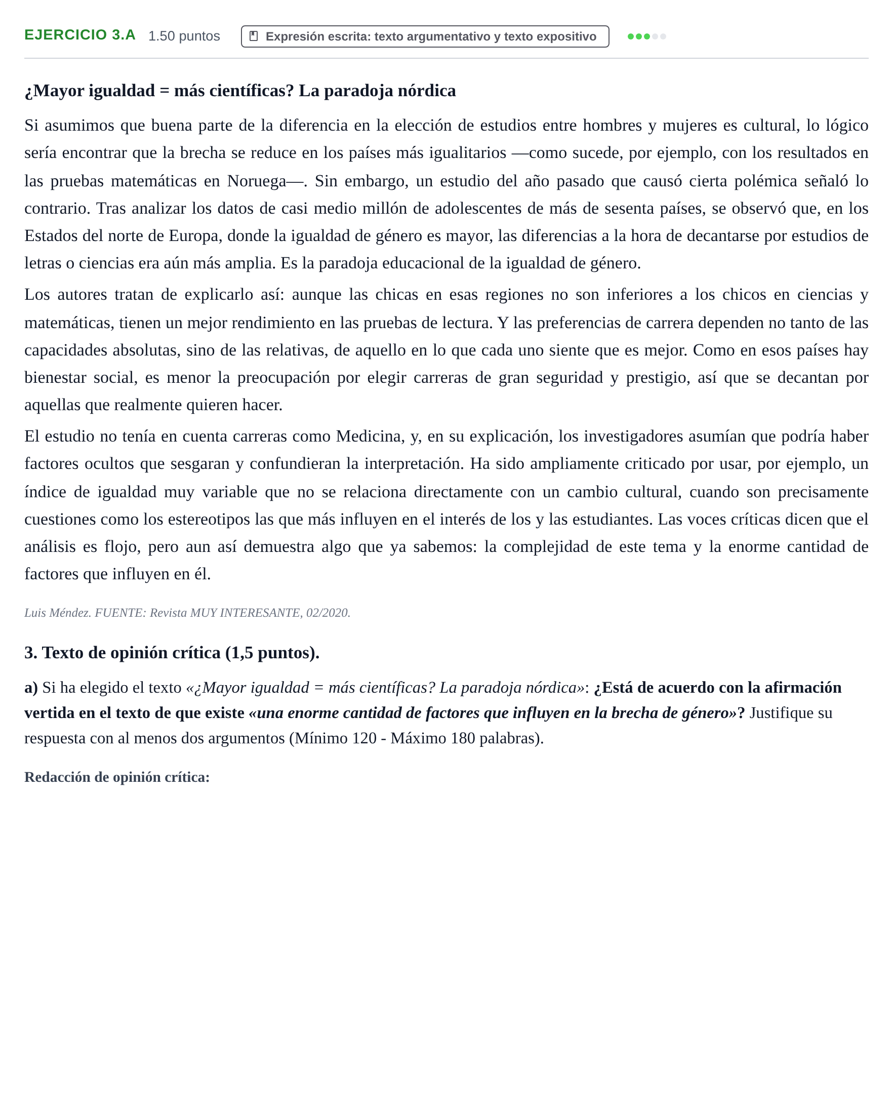 Enunciado: Ejercicio 3.a · Lengua Castellana y Literatura II PAU Navarra Extraordinaria 2021