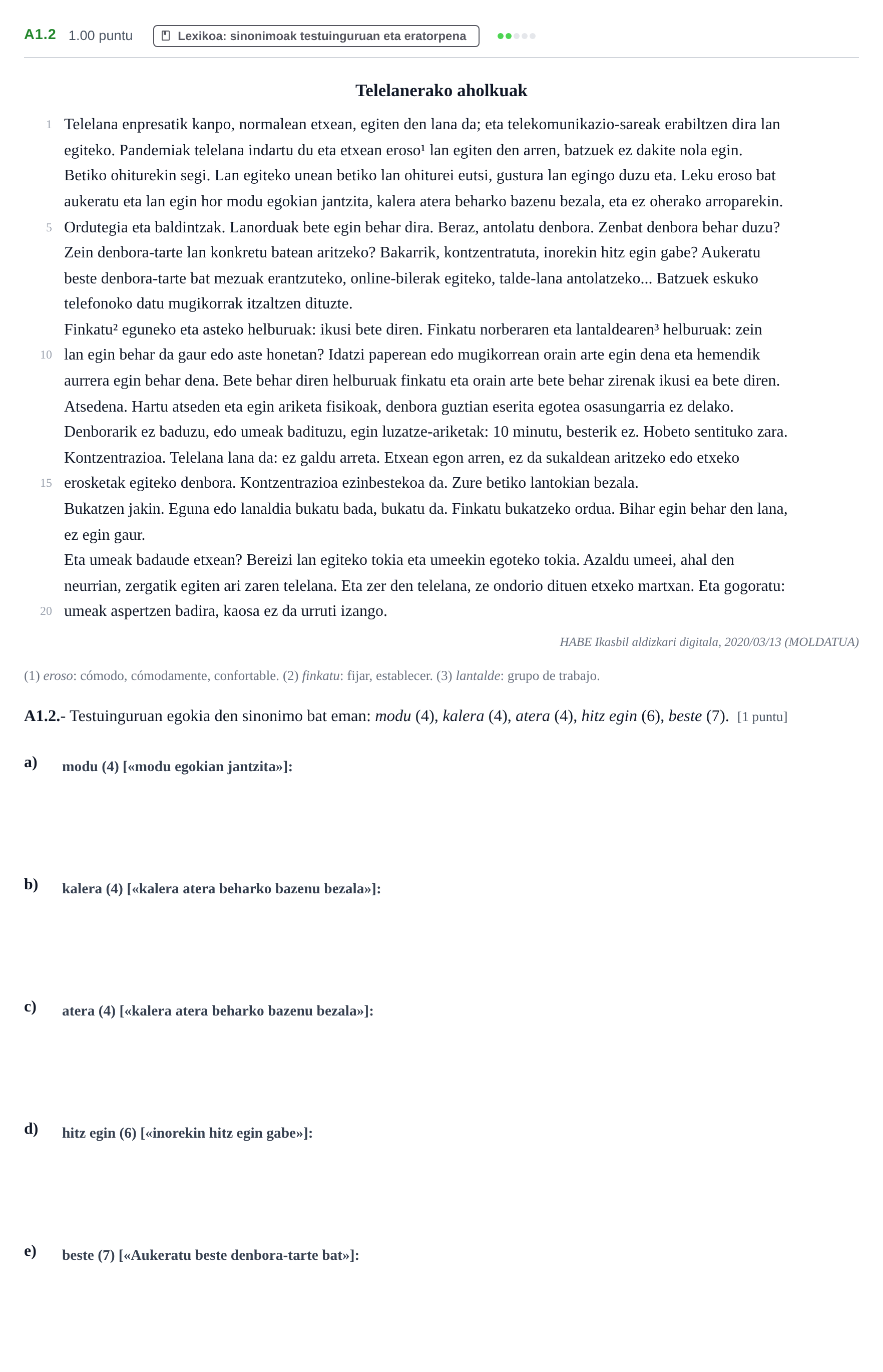 Enunciado: Ejercicio A1.2 · Lengua Vasca y Literatura II PAU Navarra Extraordinaria (Modelo A) 2021
