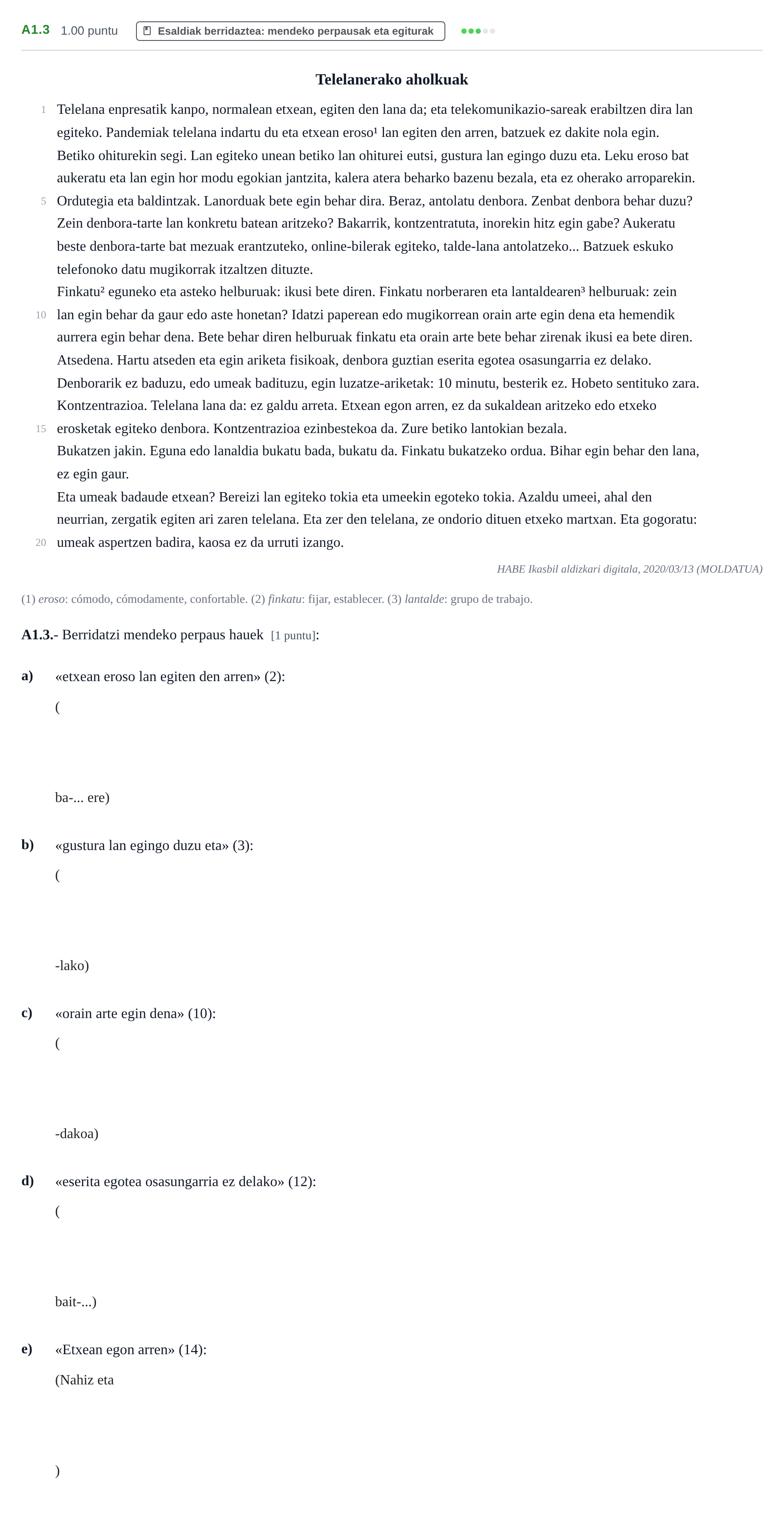 Enunciado: Ejercicio A1.3 · Lengua Vasca y Literatura II PAU Navarra Extraordinaria (Modelo A) 2021
