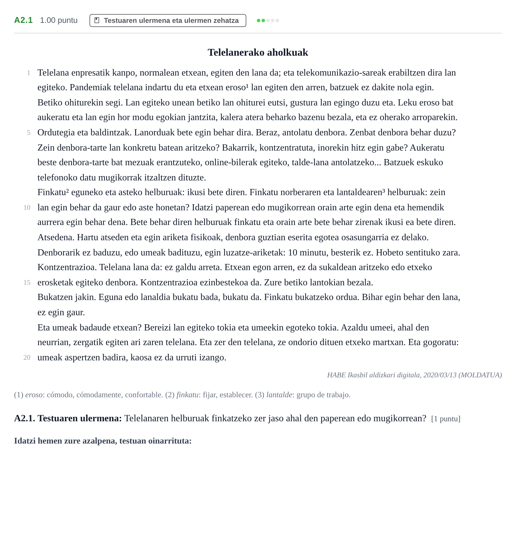 Enunciado: Ejercicio A2.1 · Lengua Vasca y Literatura II PAU Navarra Extraordinaria (Modelo A) 2021