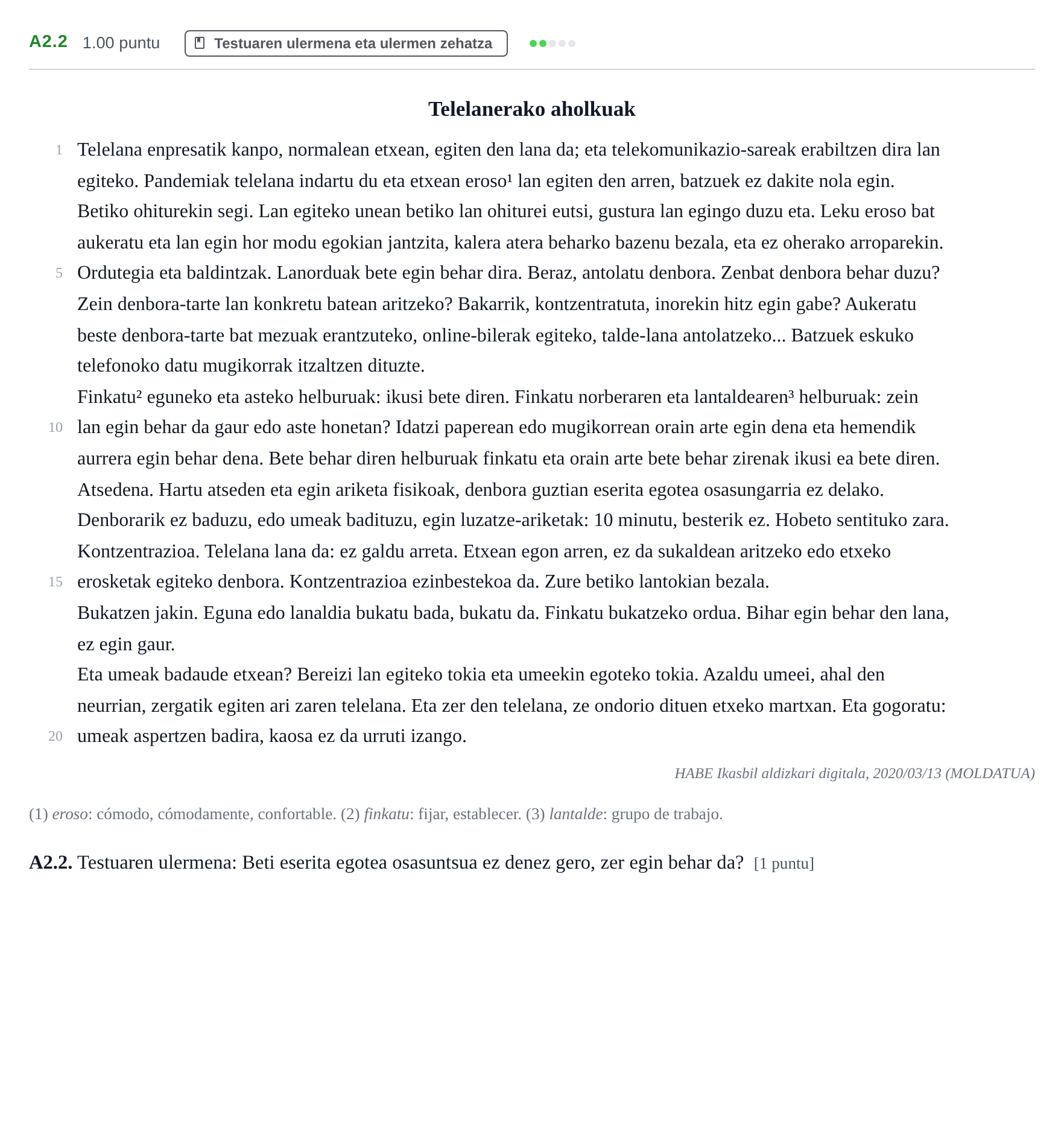 Enunciado: Ejercicio A2.2 · Lengua Vasca y Literatura II PAU Navarra Extraordinaria (Modelo A) 2021