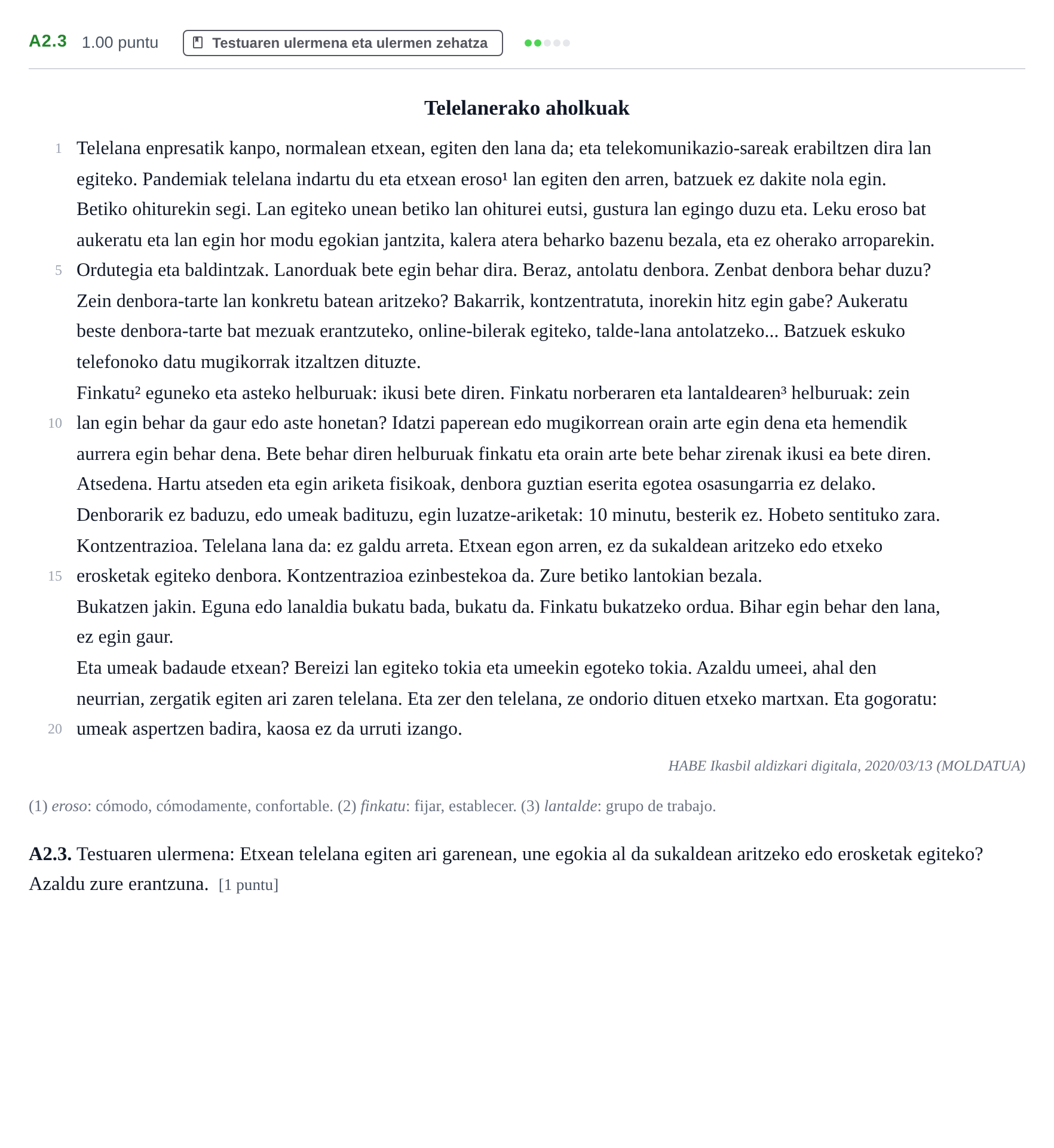 Enunciado: Ejercicio A2.3 · Lengua Vasca y Literatura II PAU Navarra Extraordinaria (Modelo A) 2021
