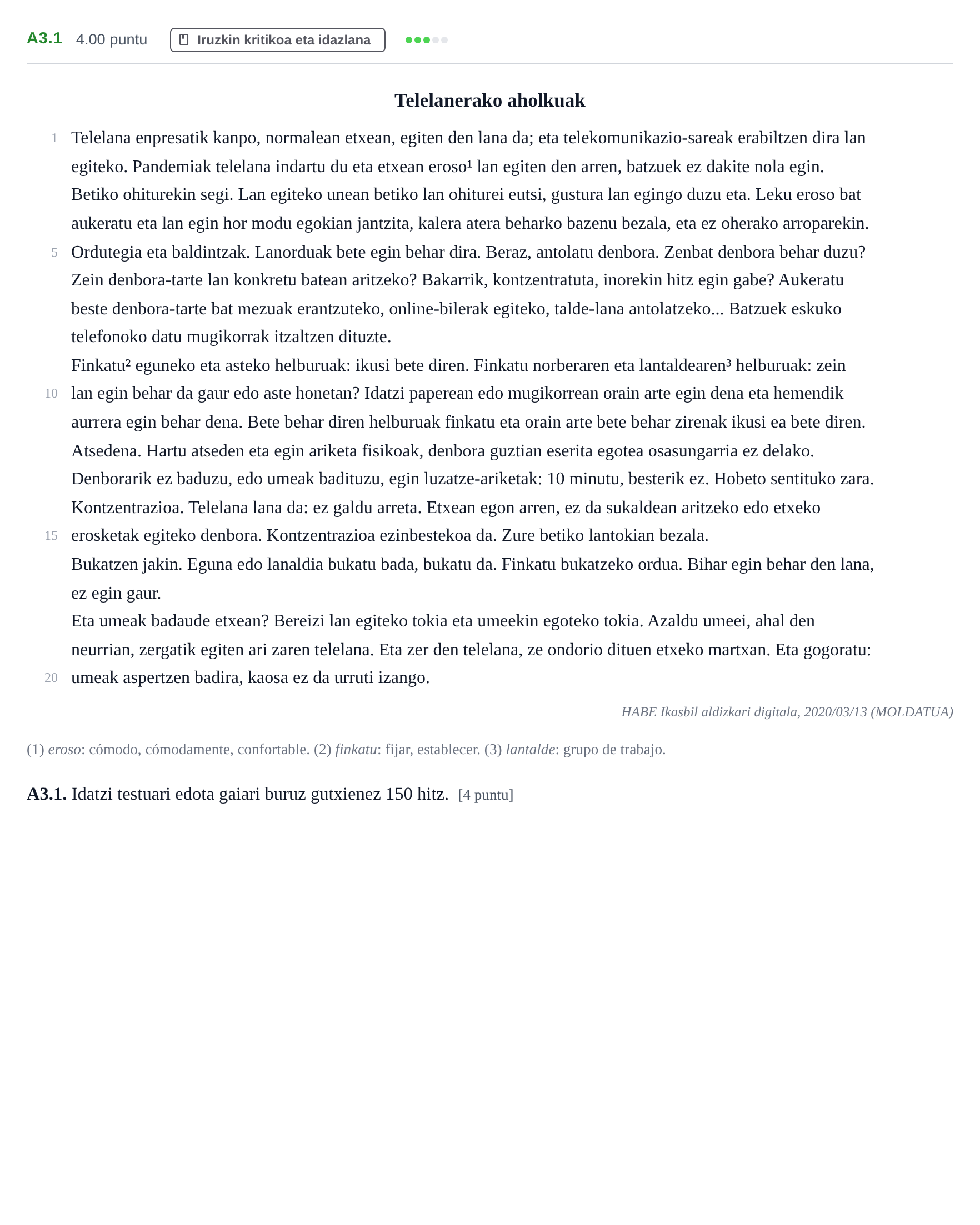 Enunciado: Ejercicio A3.1 · Lengua Vasca y Literatura II PAU Navarra Extraordinaria (Modelo A) 2021