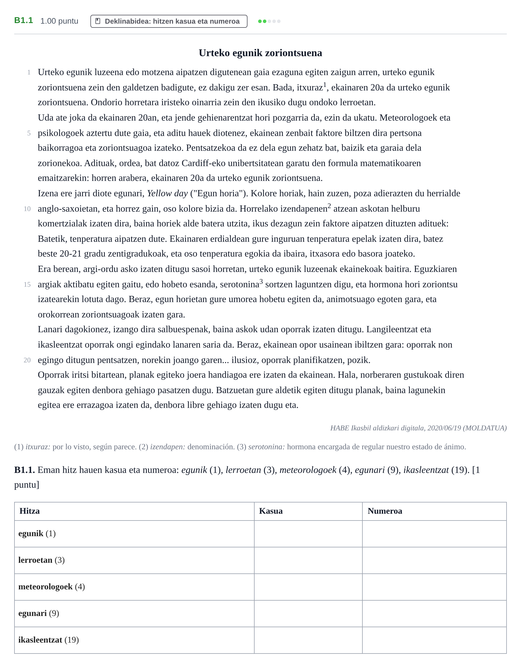 Enunciado: Ejercicio B1.1 · Lengua Vasca y Literatura II PAU Navarra Extraordinaria (Modelo A) 2021