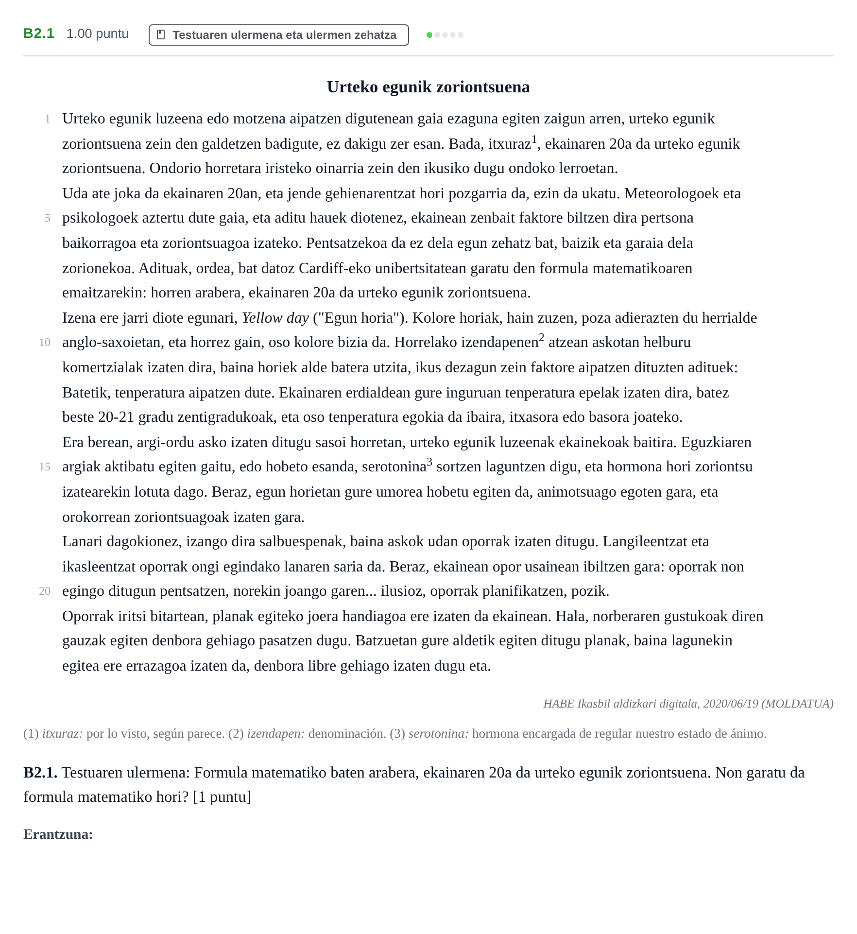 Enunciado: Ejercicio B2.1 · Lengua Vasca y Literatura II PAU Navarra Extraordinaria (Modelo A) 2021