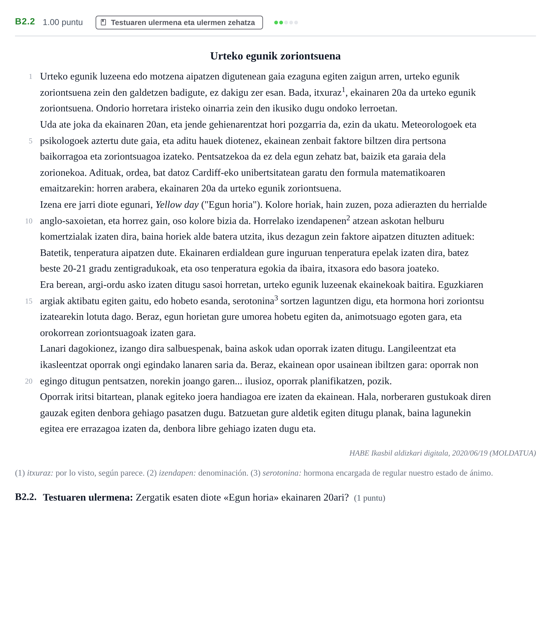 Enunciado: Ejercicio B2.2 · Lengua Vasca y Literatura II PAU Navarra Extraordinaria (Modelo A) 2021