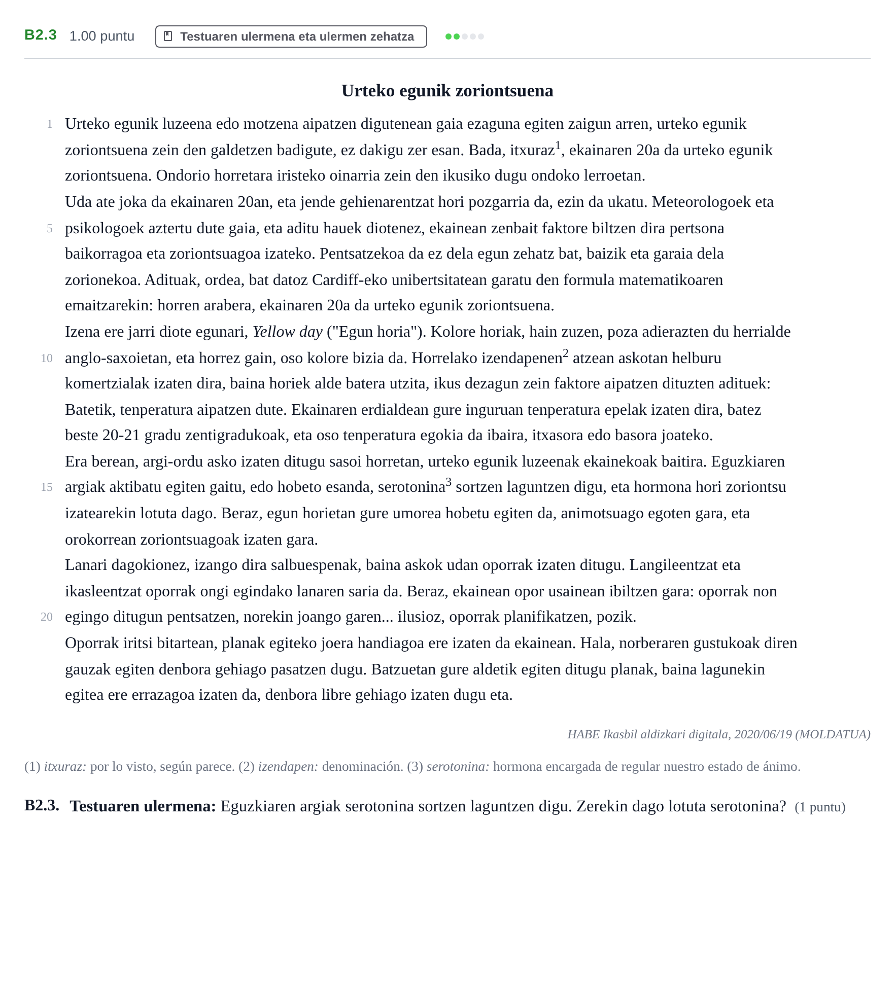 Enunciado: Ejercicio B2.3 · Lengua Vasca y Literatura II PAU Navarra Extraordinaria (Modelo A) 2021