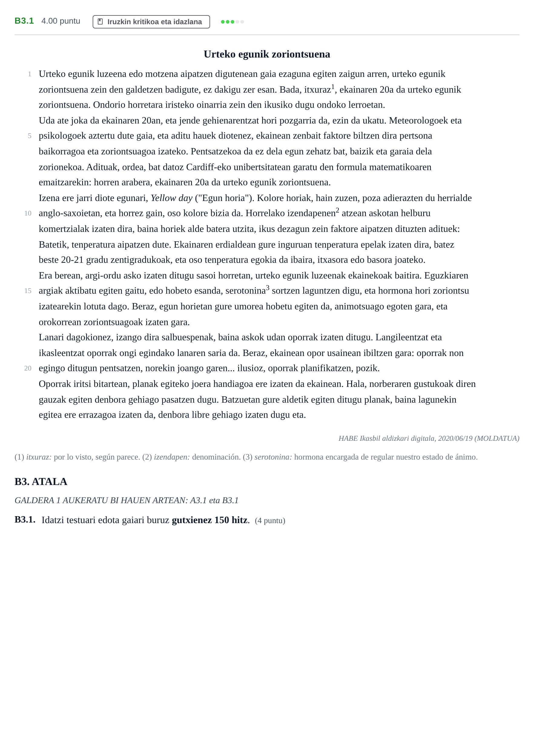 Enunciado: Ejercicio B3.1 · Lengua Vasca y Literatura II PAU Navarra Extraordinaria (Modelo A) 2021