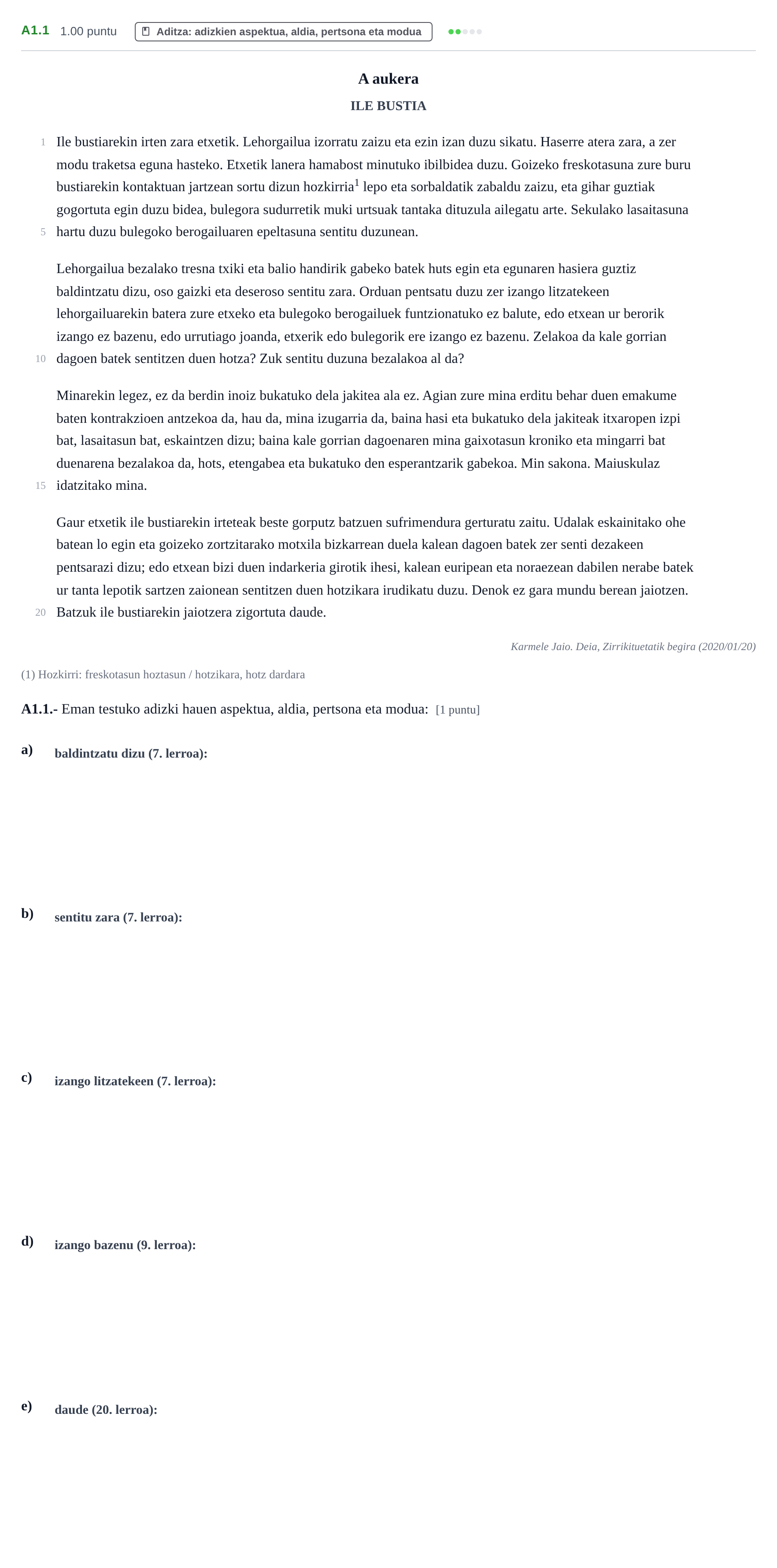 Enunciado: Ejercicio A1.1 · Lengua Vasca y Literatura II PAU Navarra Extraordinaria (Modelo D) 2021