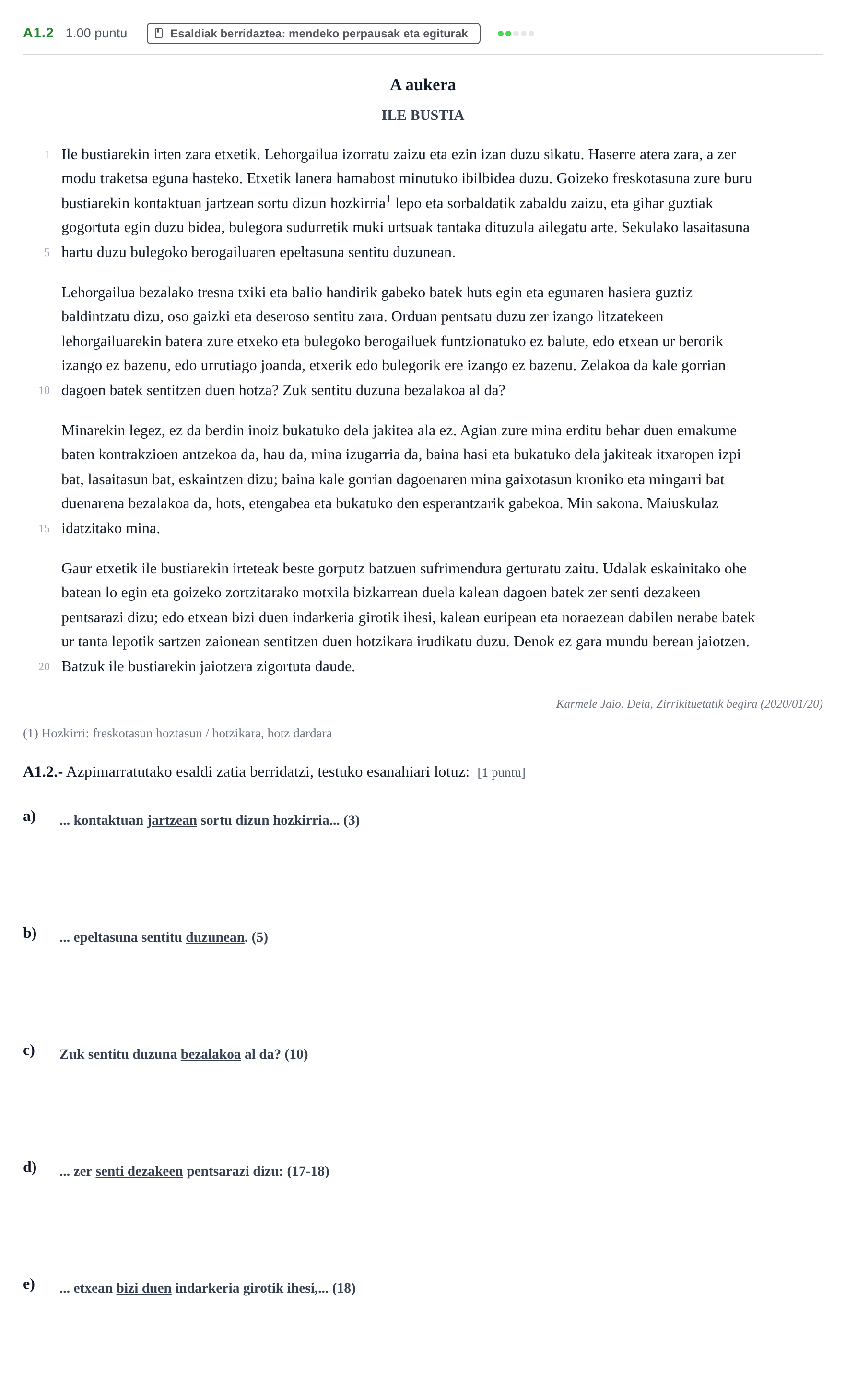 Enunciado: Ejercicio A1.2 · Lengua Vasca y Literatura II PAU Navarra Extraordinaria (Modelo D) 2021