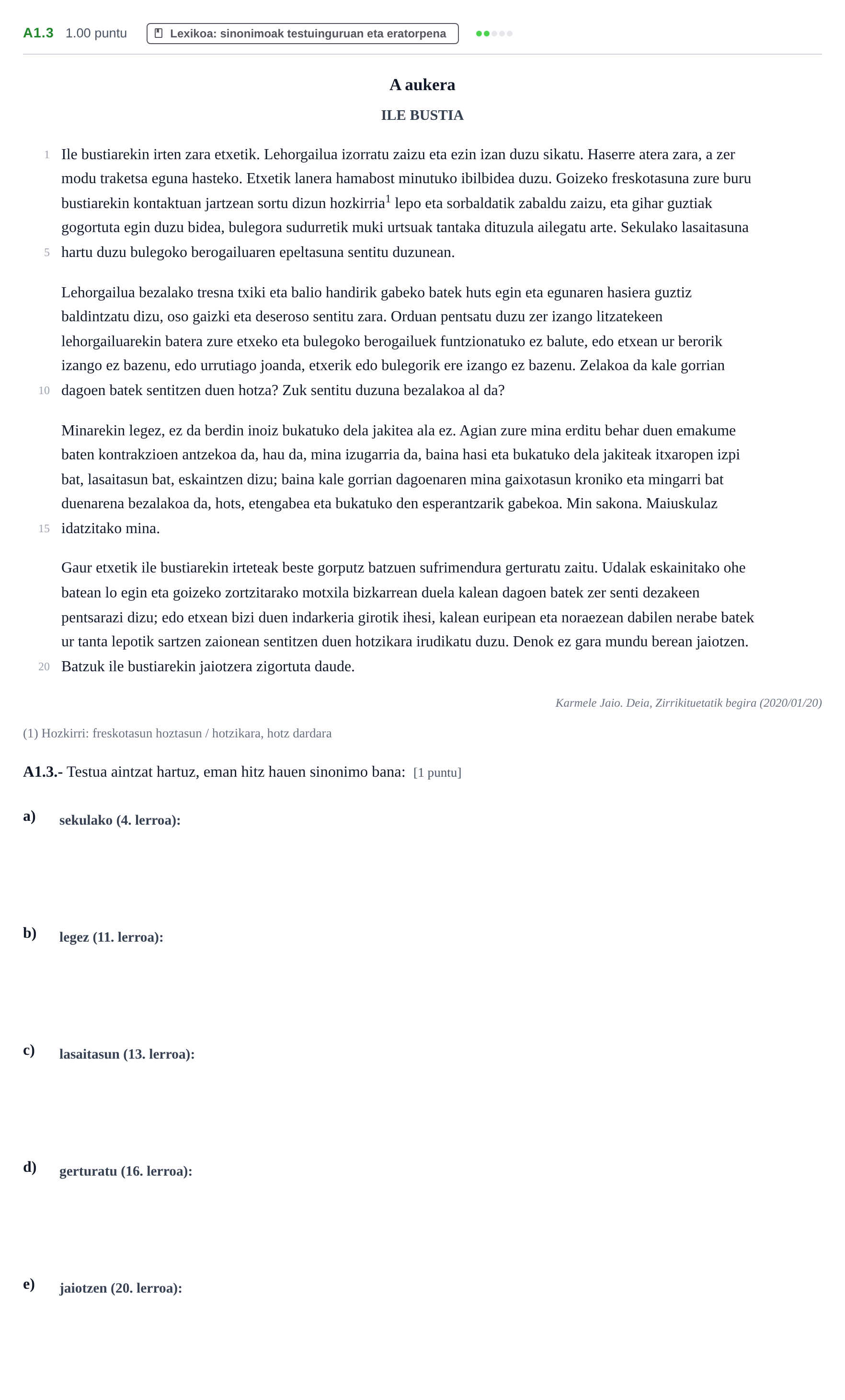 Enunciado: Ejercicio A1.3 · Lengua Vasca y Literatura II PAU Navarra Extraordinaria (Modelo D) 2021