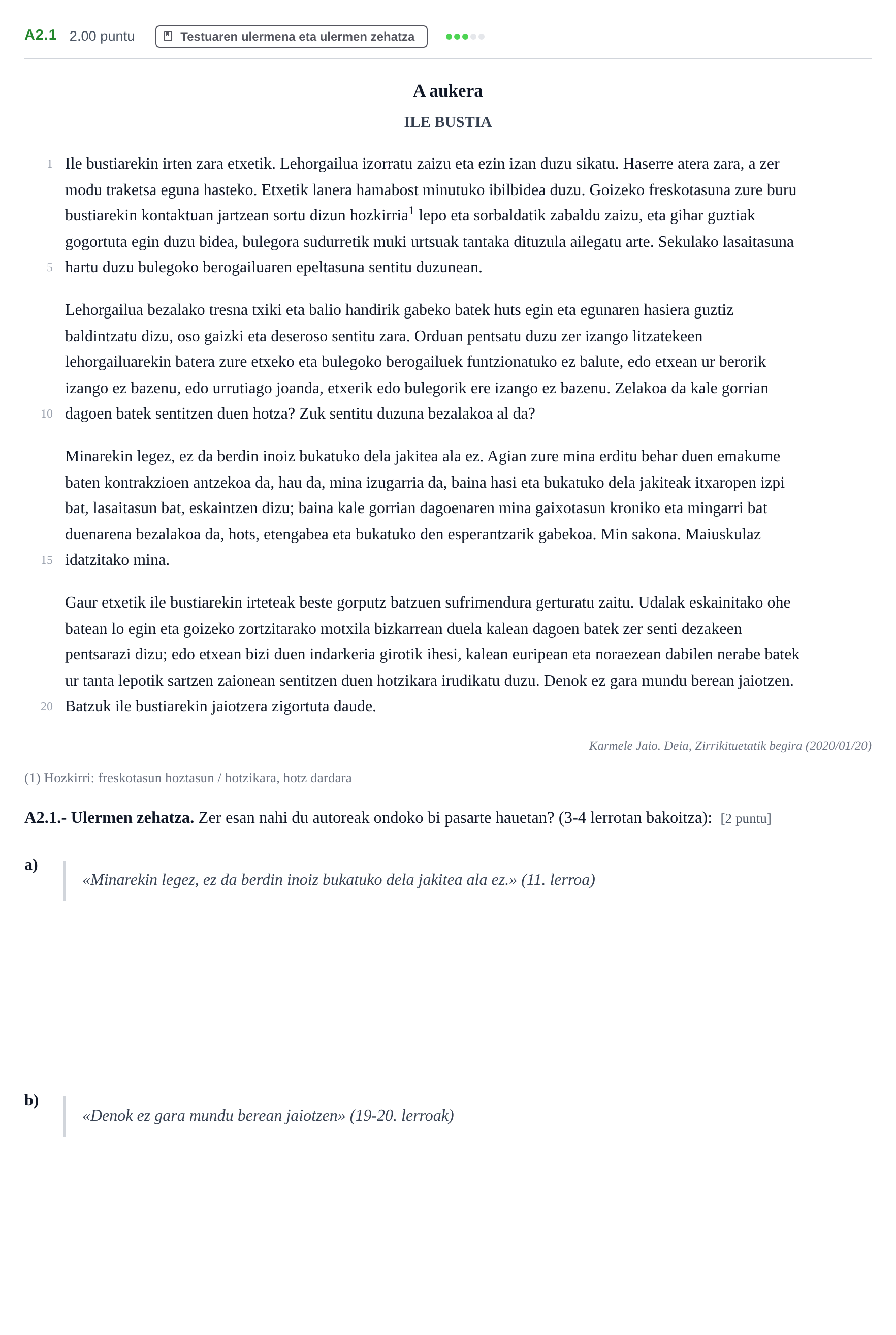 Enunciado: Ejercicio A2.1 · Lengua Vasca y Literatura II PAU Navarra Extraordinaria (Modelo D) 2021