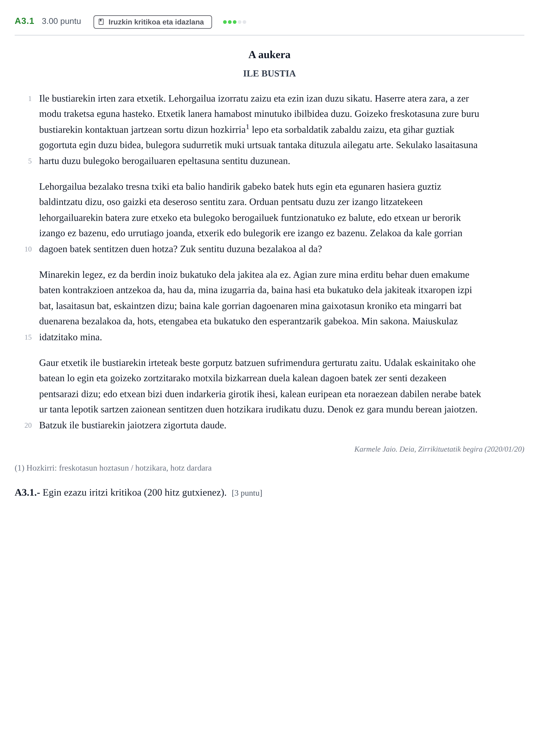 Enunciado: Ejercicio A3.1 · Lengua Vasca y Literatura II PAU Navarra Extraordinaria (Modelo D) 2021