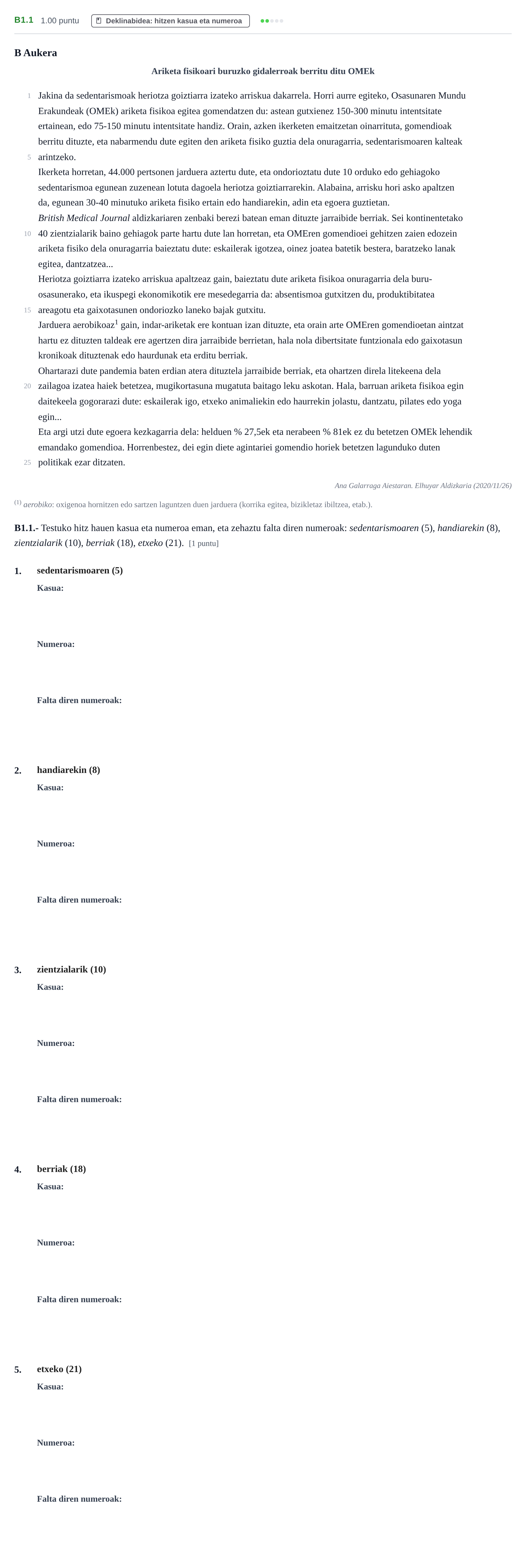 Enunciado: Ejercicio B1.1 · Lengua Vasca y Literatura II PAU Navarra Extraordinaria (Modelo D) 2021