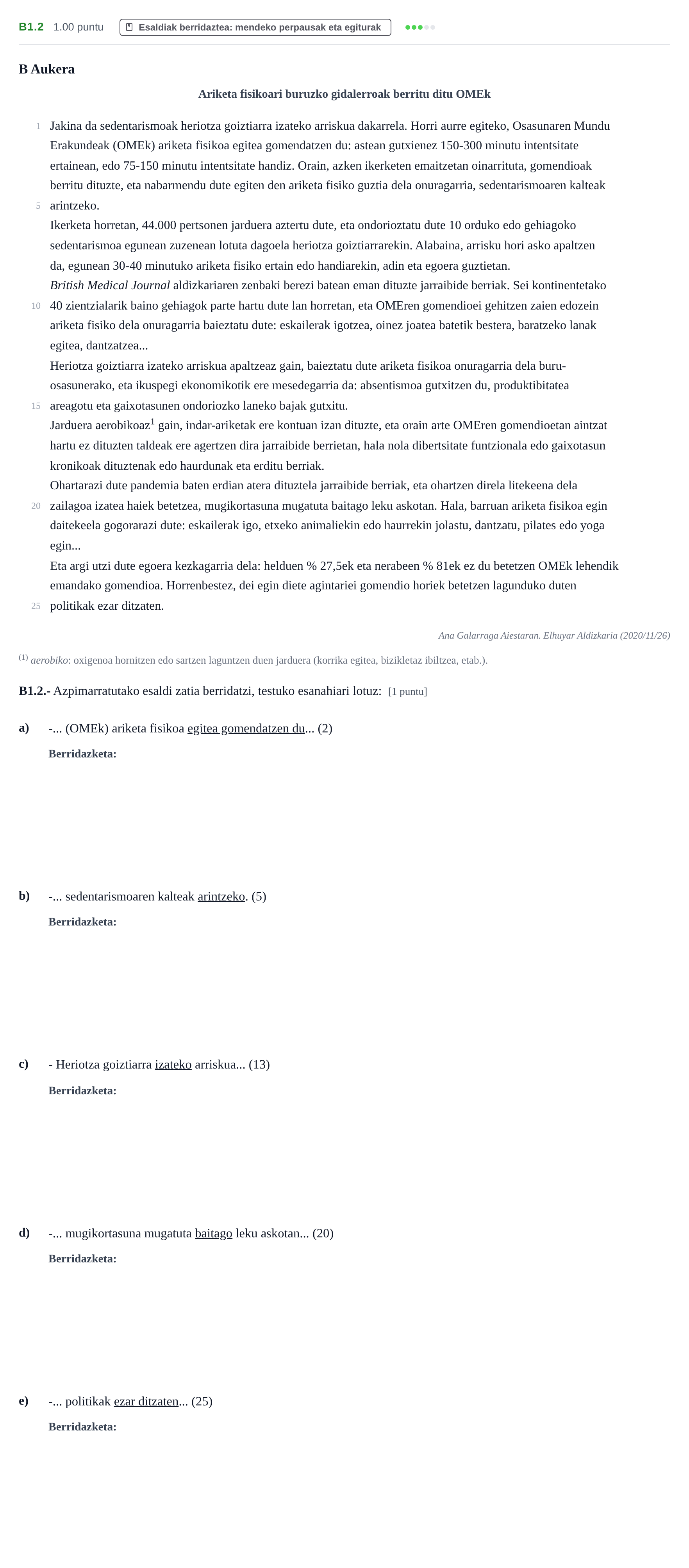 Enunciado: Ejercicio B1.2 · Lengua Vasca y Literatura II PAU Navarra Extraordinaria (Modelo D) 2021