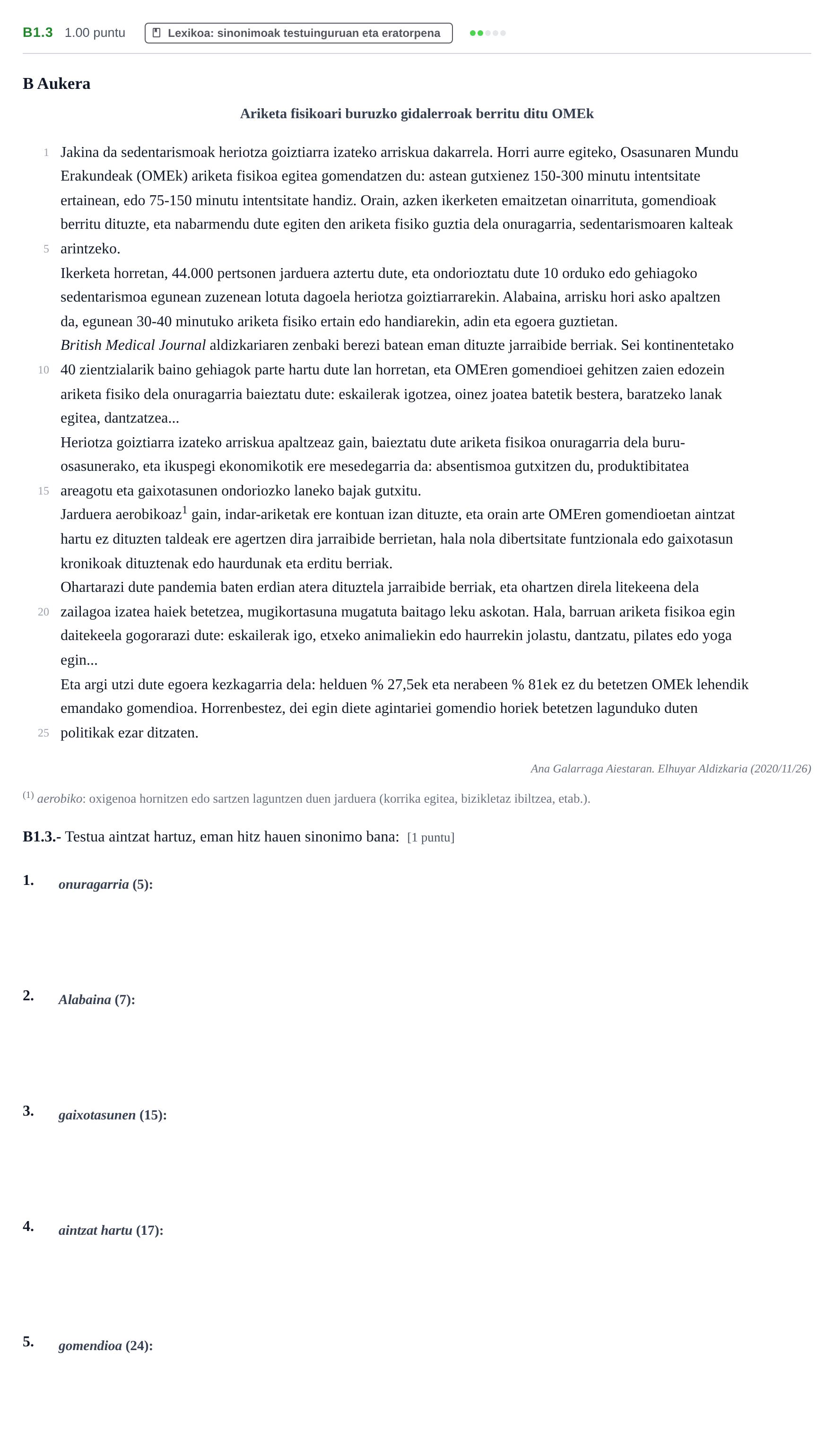 Enunciado: Ejercicio B1.3 · Lengua Vasca y Literatura II PAU Navarra Extraordinaria (Modelo D) 2021