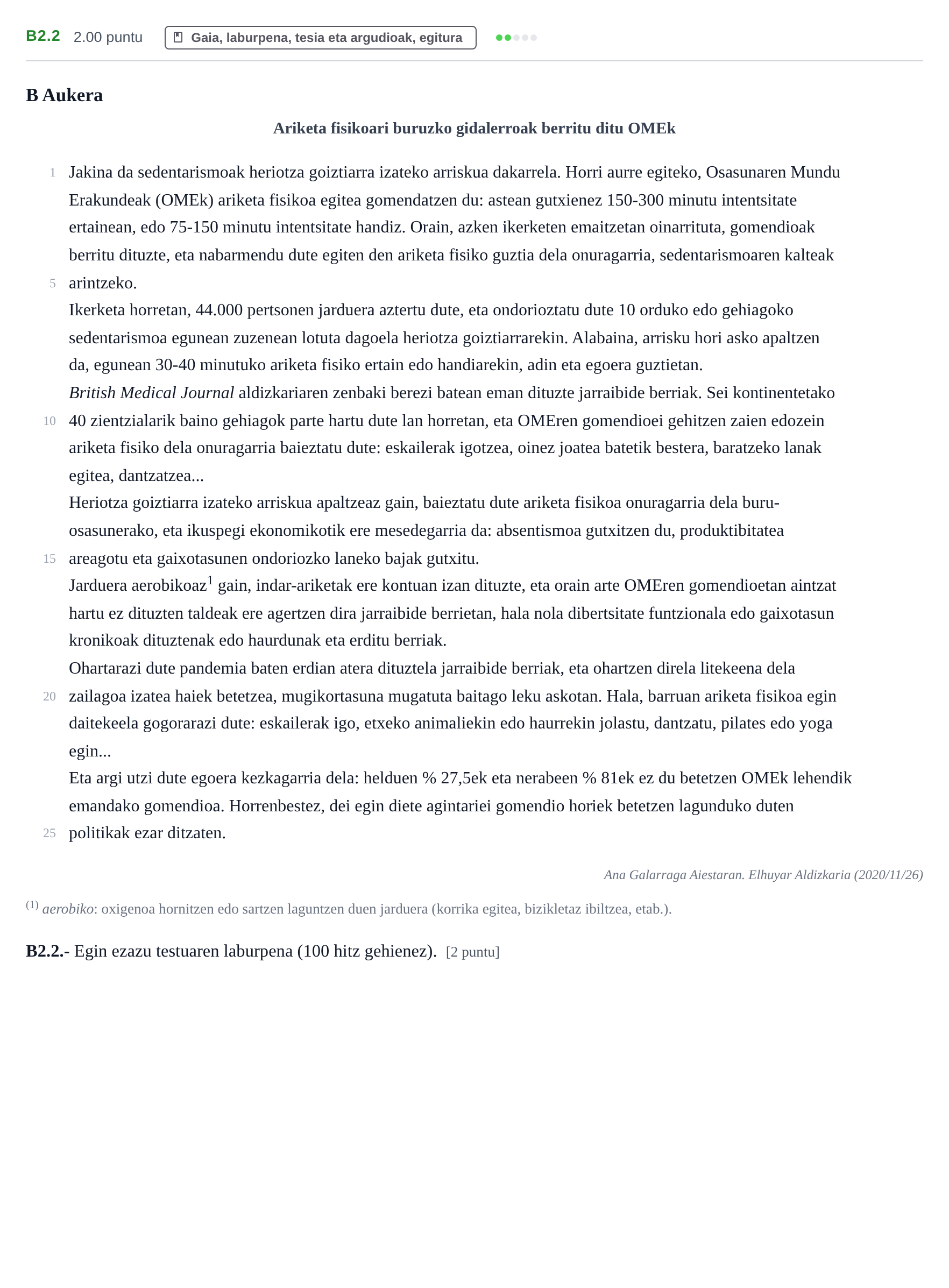 Enunciado: Ejercicio B2.2 · Lengua Vasca y Literatura II PAU Navarra Extraordinaria (Modelo D) 2021