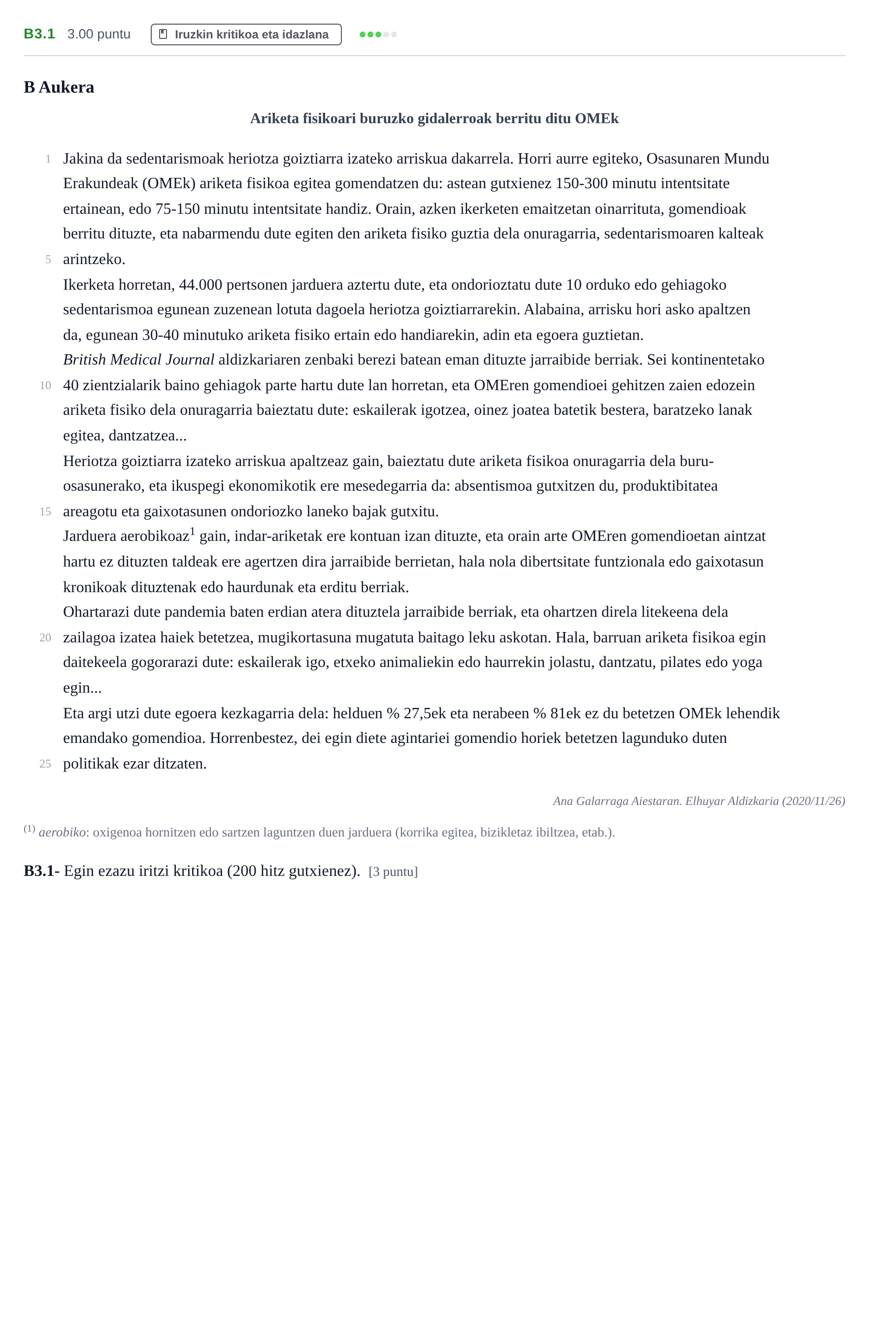 Enunciado: Ejercicio B3.1 · Lengua Vasca y Literatura II PAU Navarra Extraordinaria (Modelo D) 2021