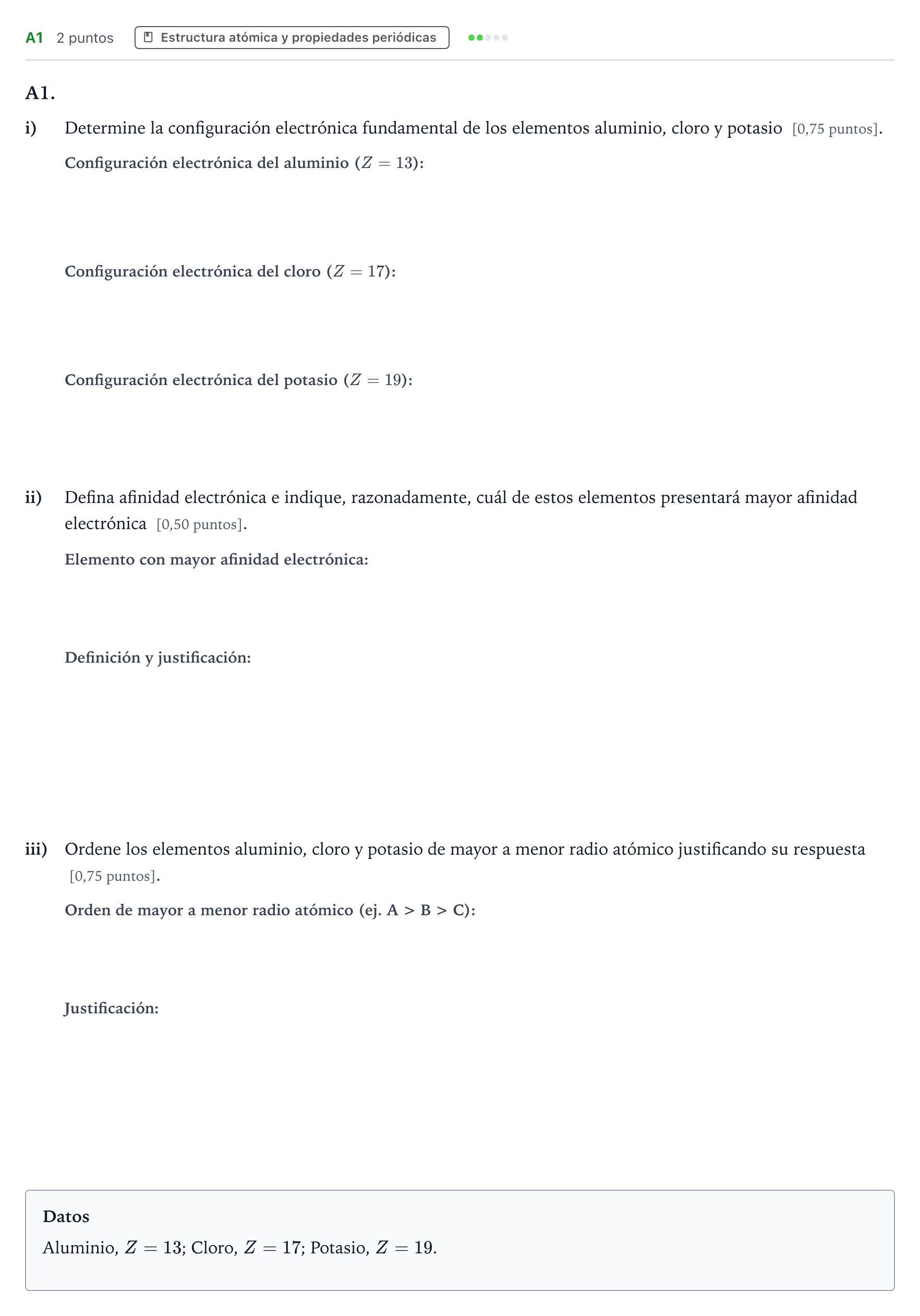 Enunciado: Ejercicio A1 · Química PAU Navarra Extraordinaria 2021