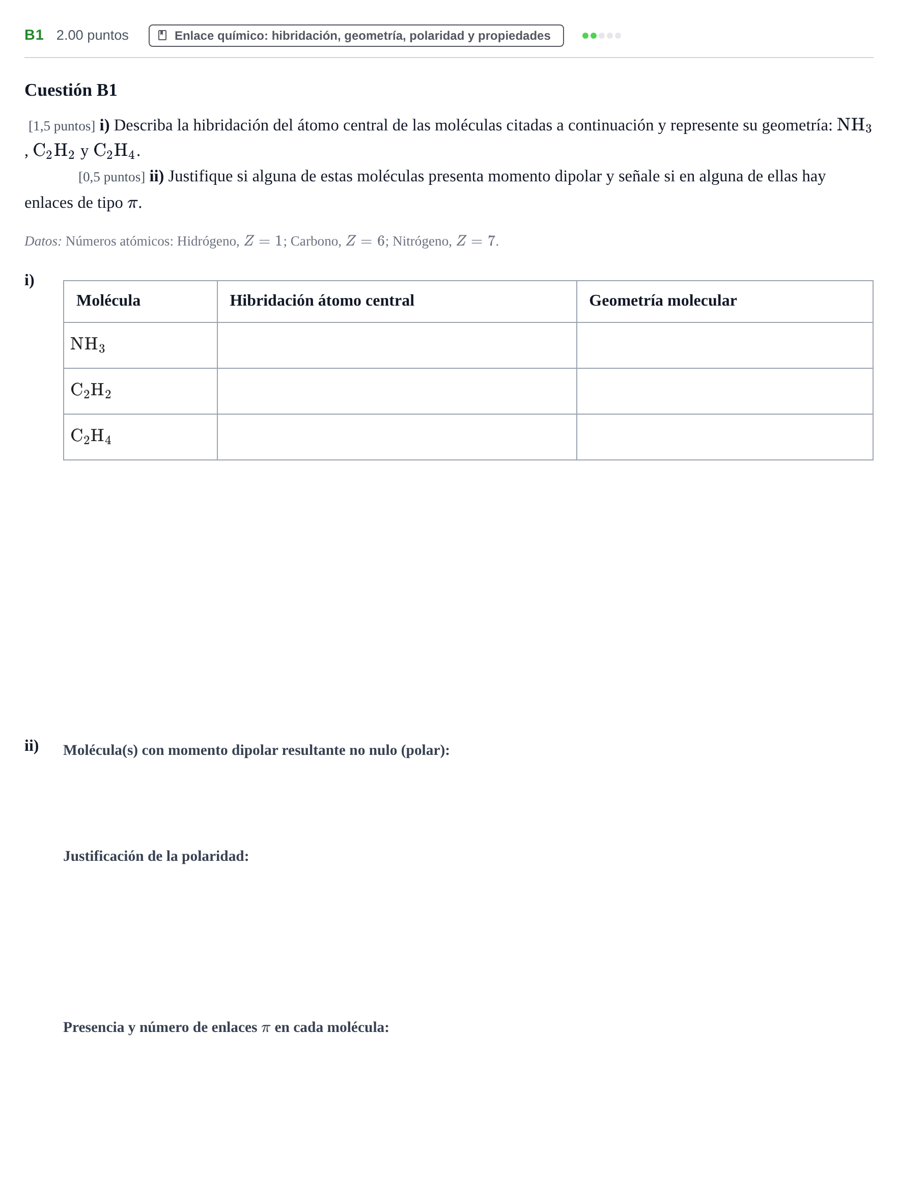 Enunciado: Ejercicio B1 · Química PAU Navarra Extraordinaria 2021