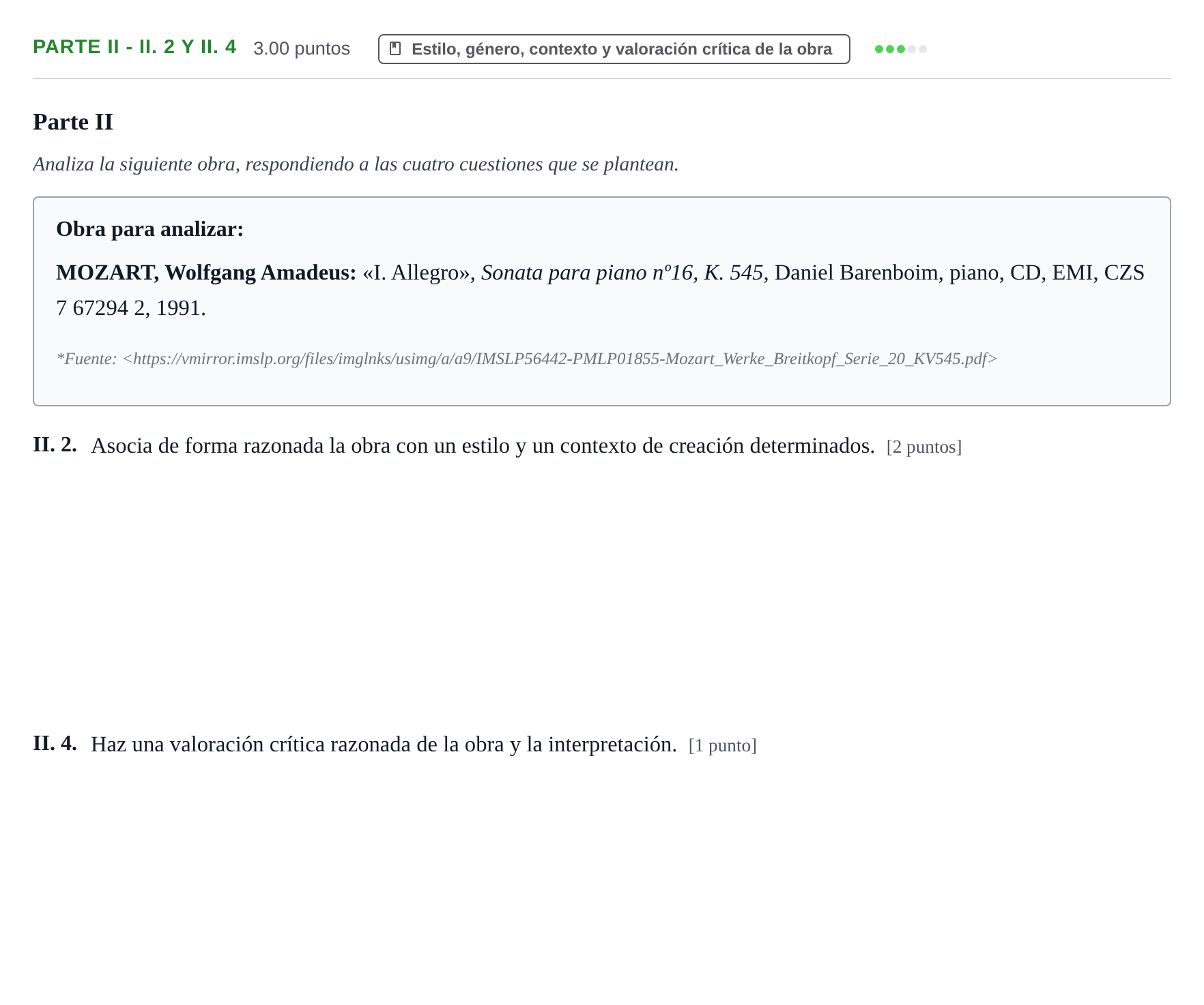 Enunciado: Ejercicio Parte II - II. 2 y II. 4 · Análisis Musical II PAU Murcia Ordinaria Serie 20 2024
