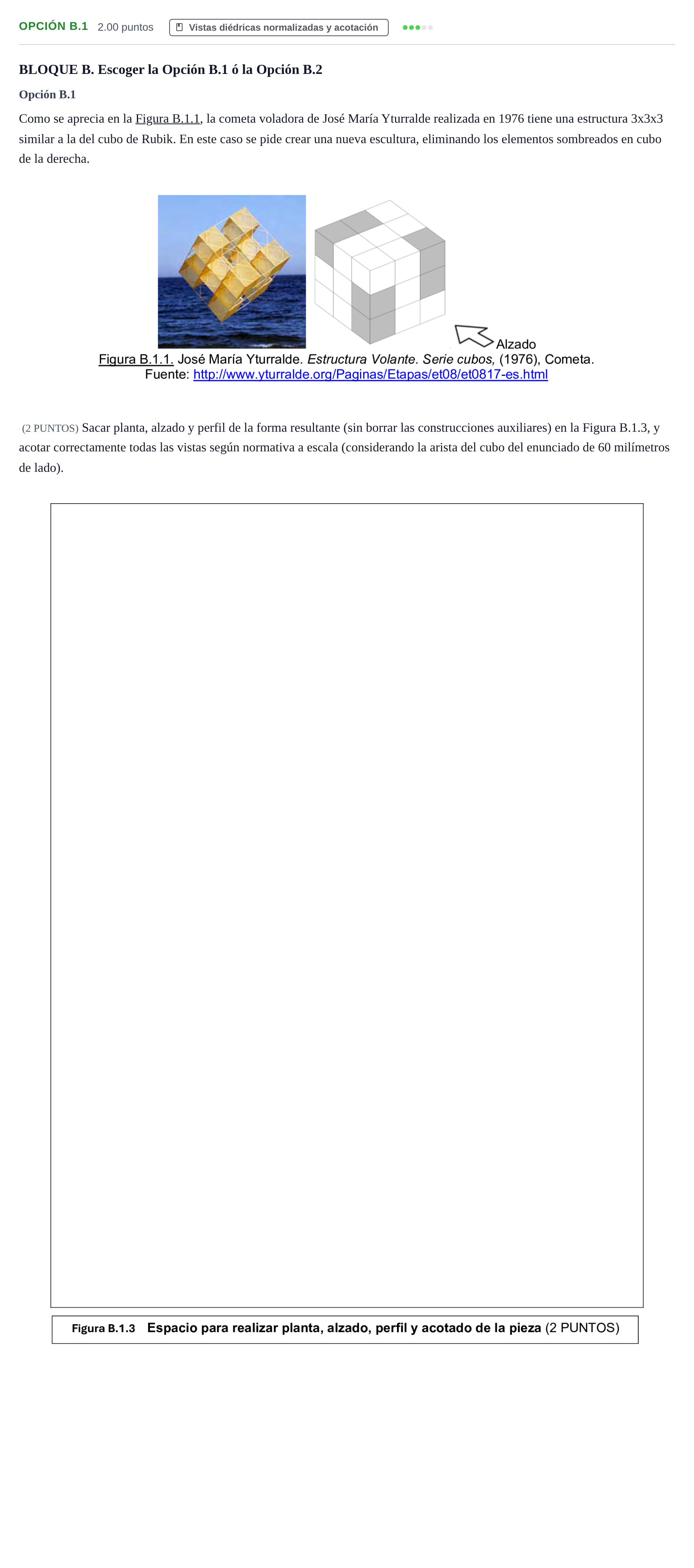 Enunciado: Opción B.1 - Vistas diédricas · Dibujo Técnico Aplicado a las Artes Plásticas y al Diseño PAU Murcia Ordinaria 2024