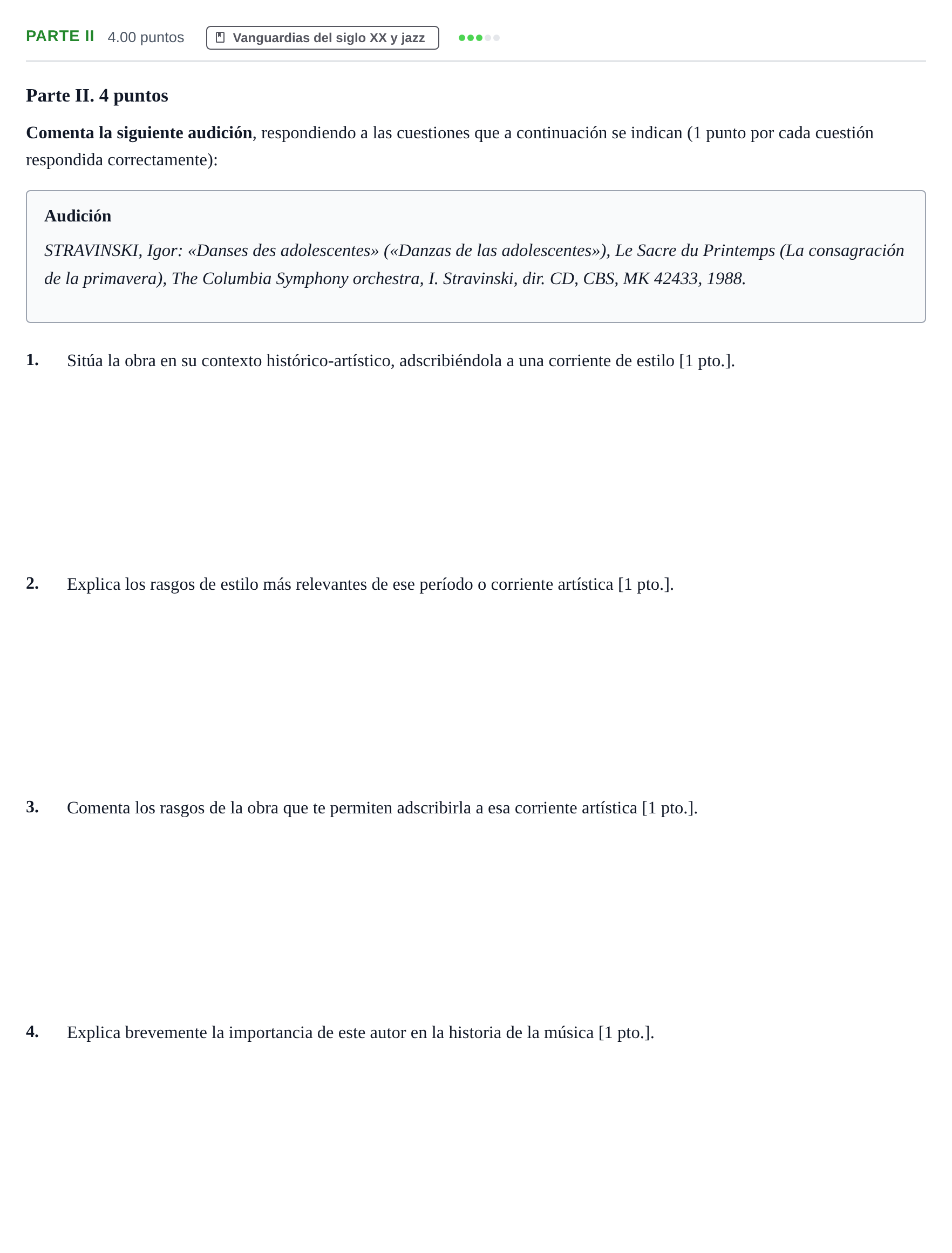 Enunciado: Ejercicio Parte II · Historia de la Música y de la Danza PAU Murcia Ordinaria 2024