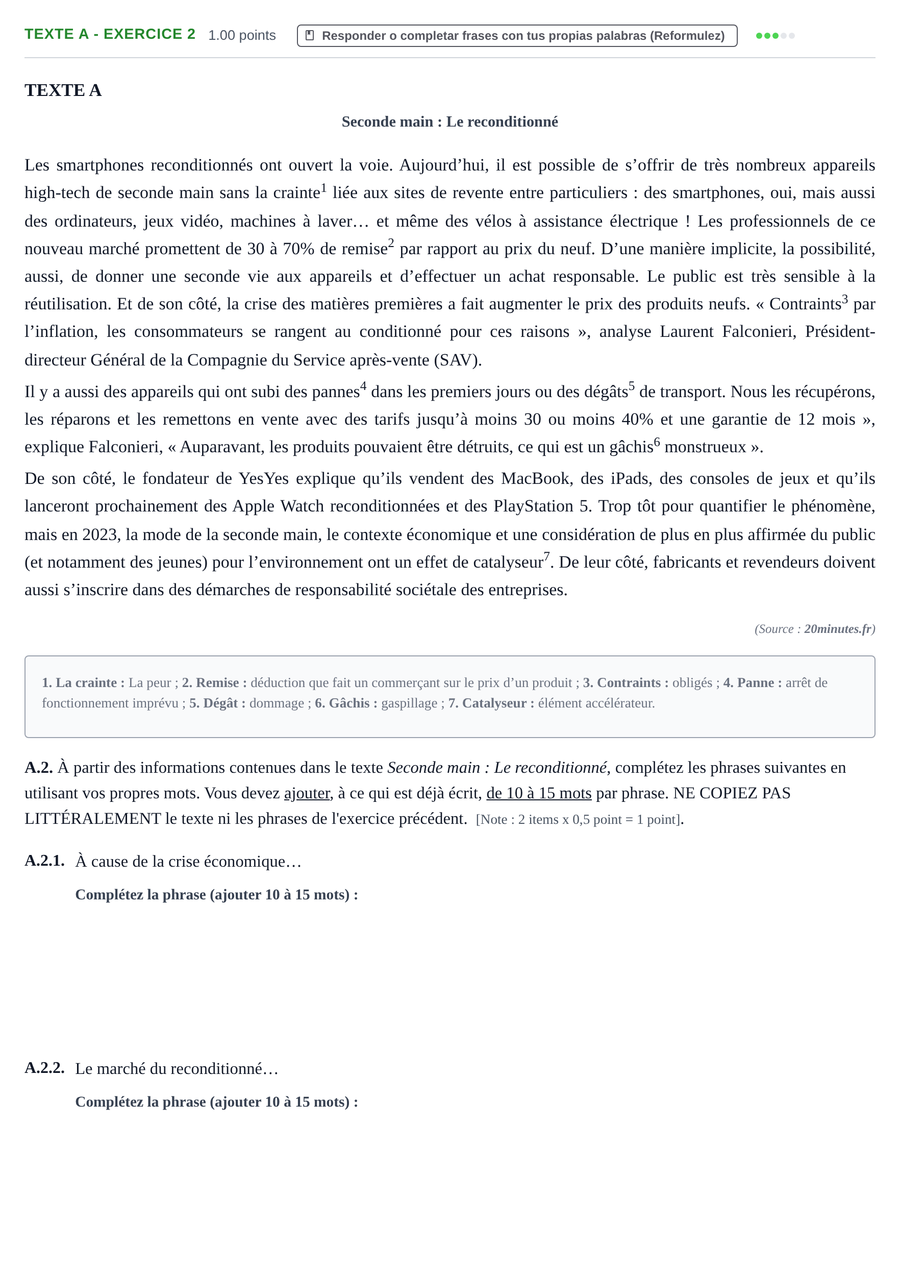 Enunciado: Ejercicio Texte A - Exercice 2 · Francés PAU Murcia Ordinaria 2023