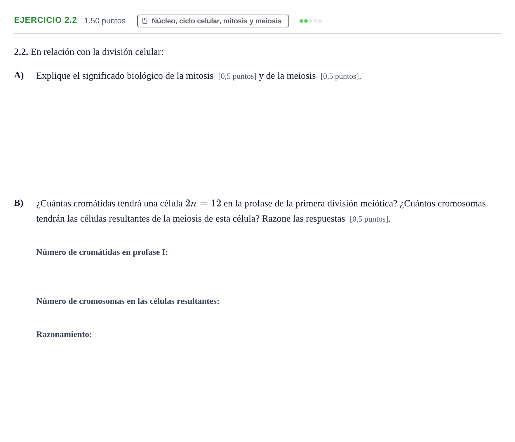 Enunciado: Ejercicio 2.2 · Biología PAU Murcia Extraordinaria 2023
