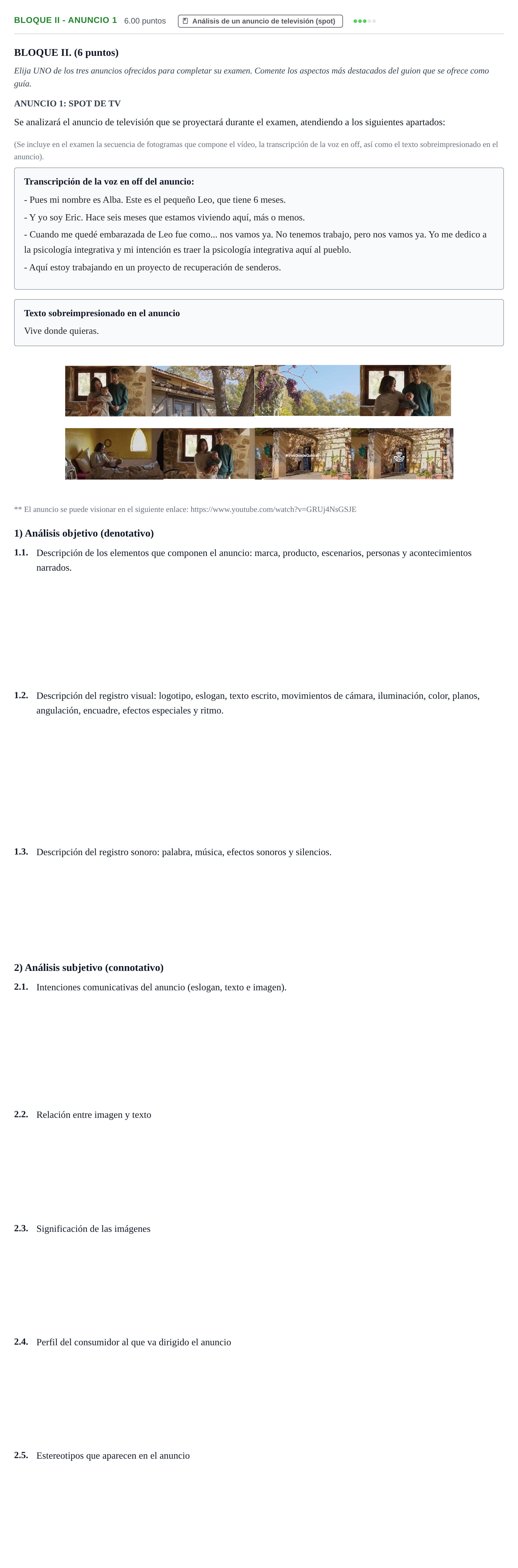 Enunciado: Bloque II - Anuncio 1 · Cultura Audiovisual II PAU Murcia Extraordinaria 2023