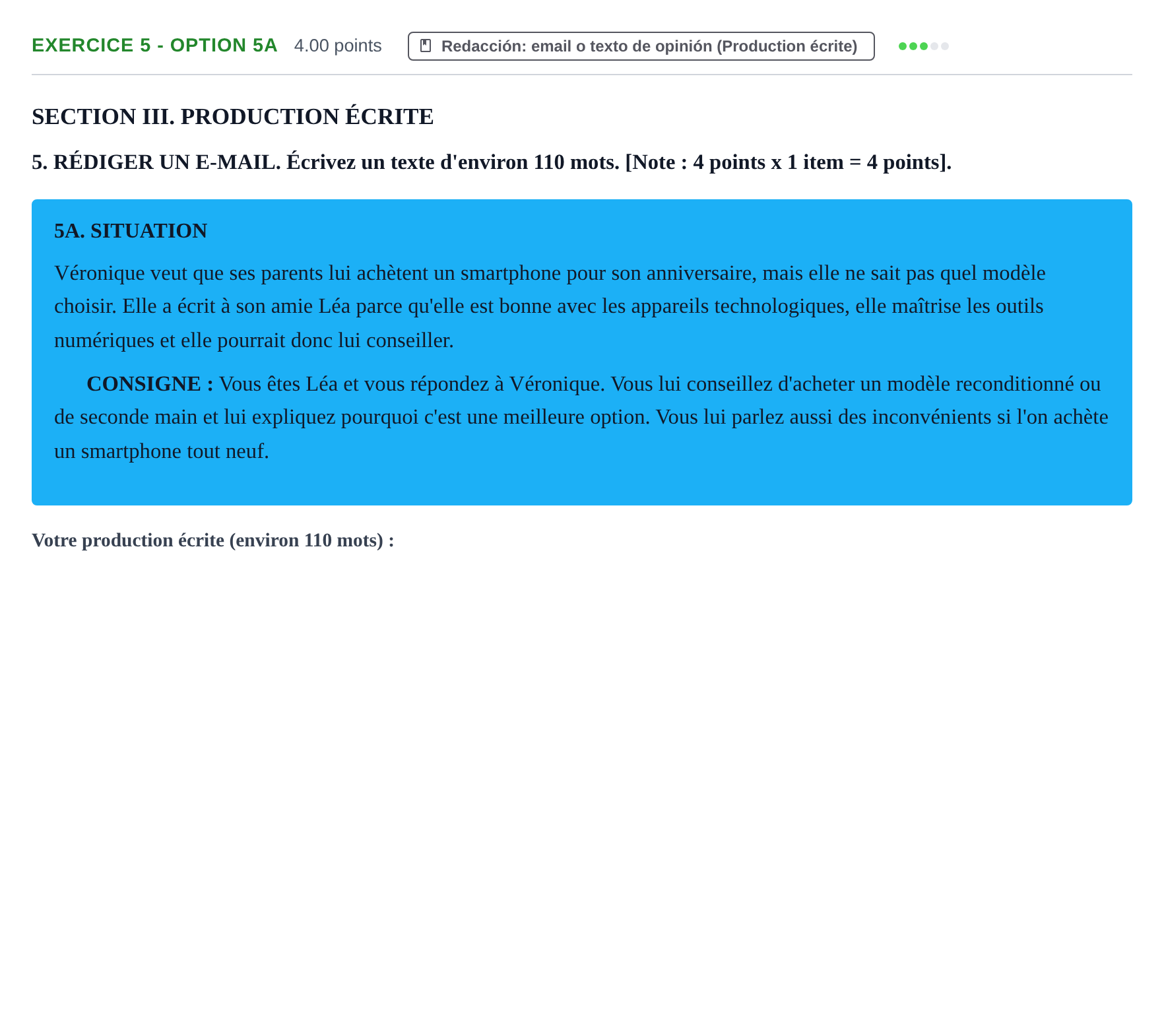 Enunciado: Ejercicio 5 - Option 5A · Francés PAU Murcia Extraordinaria 2023